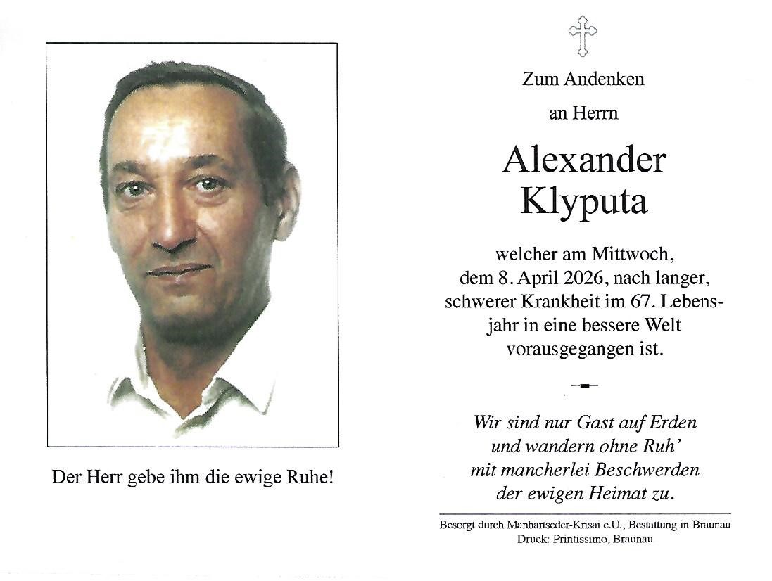Traueranzeige von Aleksander Klyputa