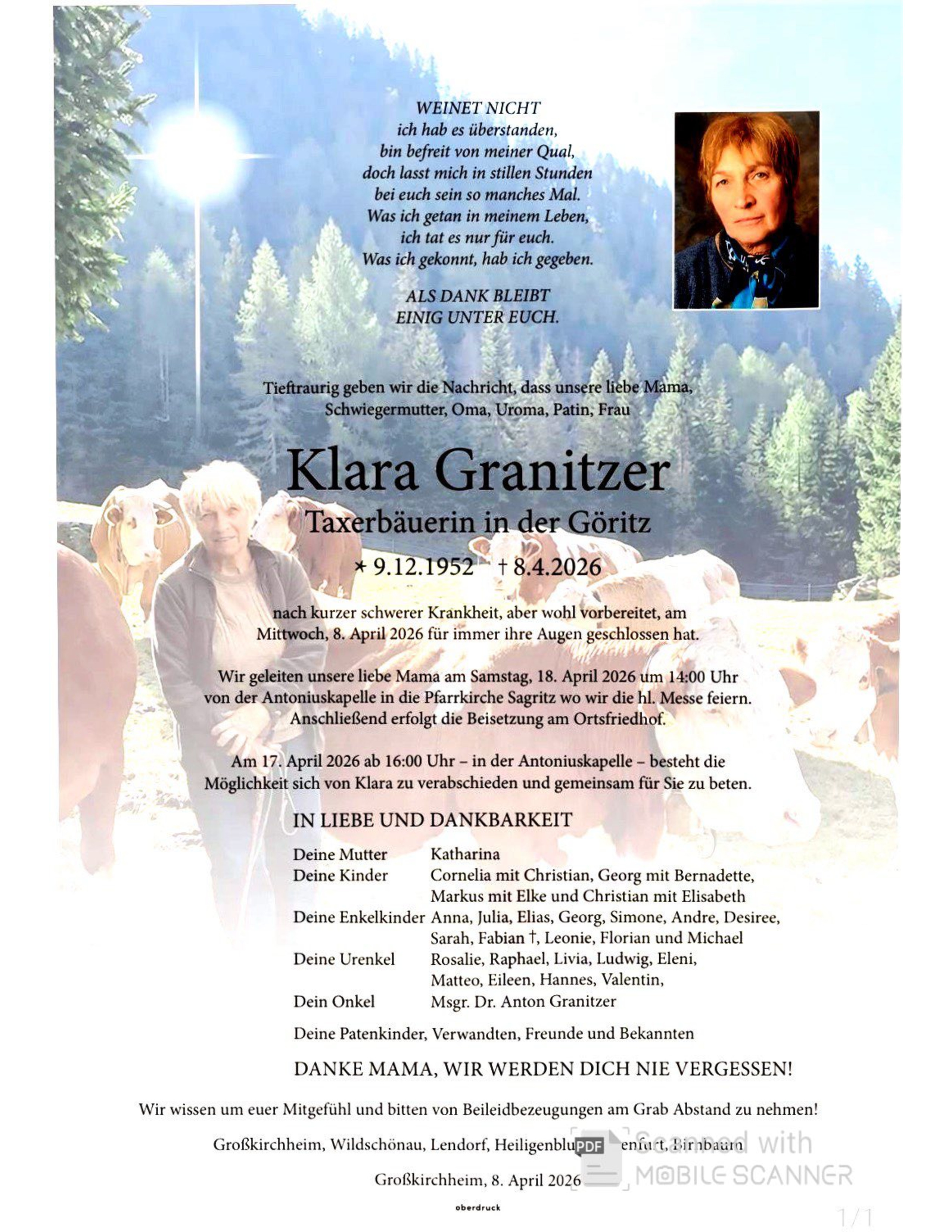 Traueranzeige von Klara Granitzer