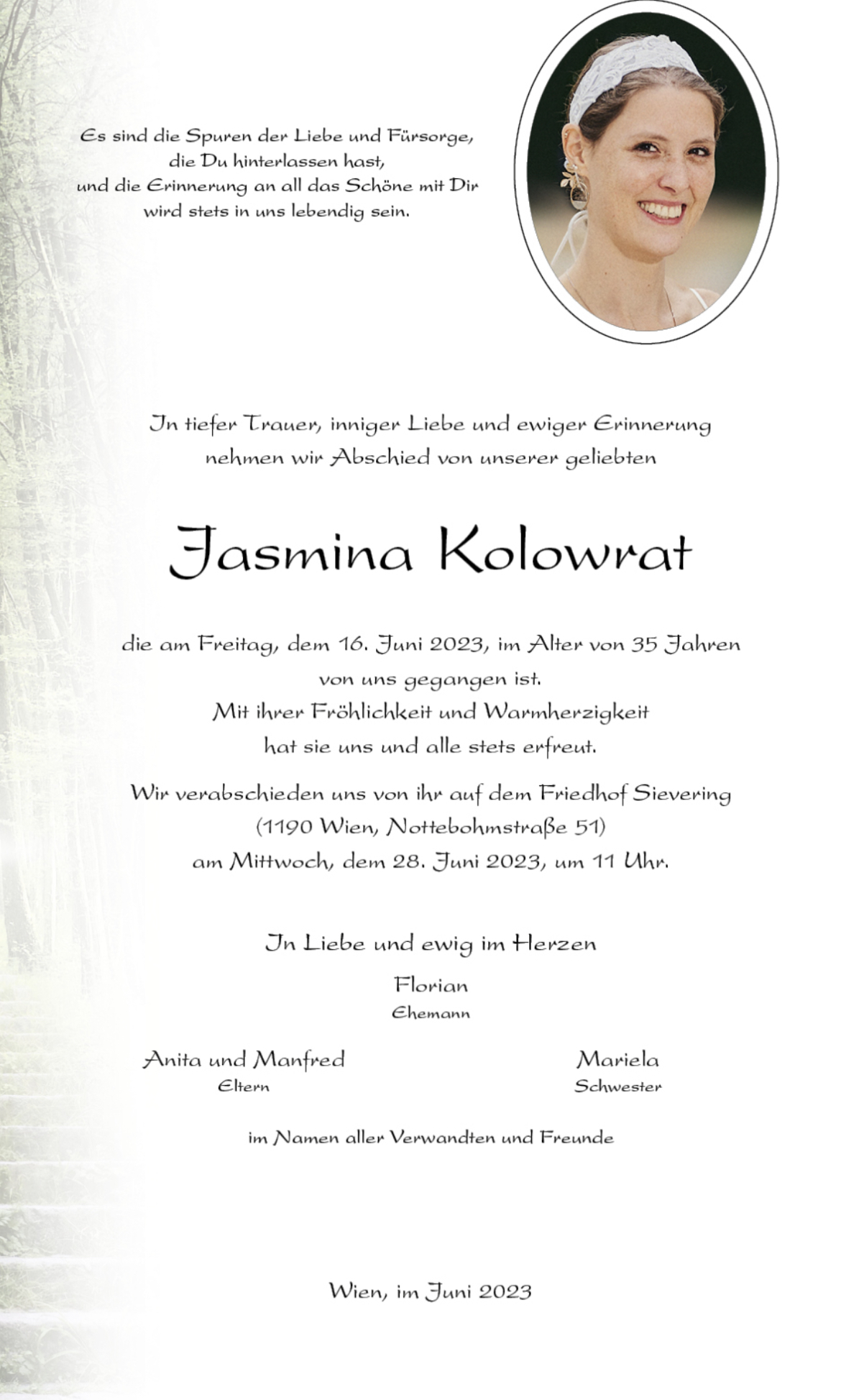 Traueranzeige von Jasmina Kolowrat