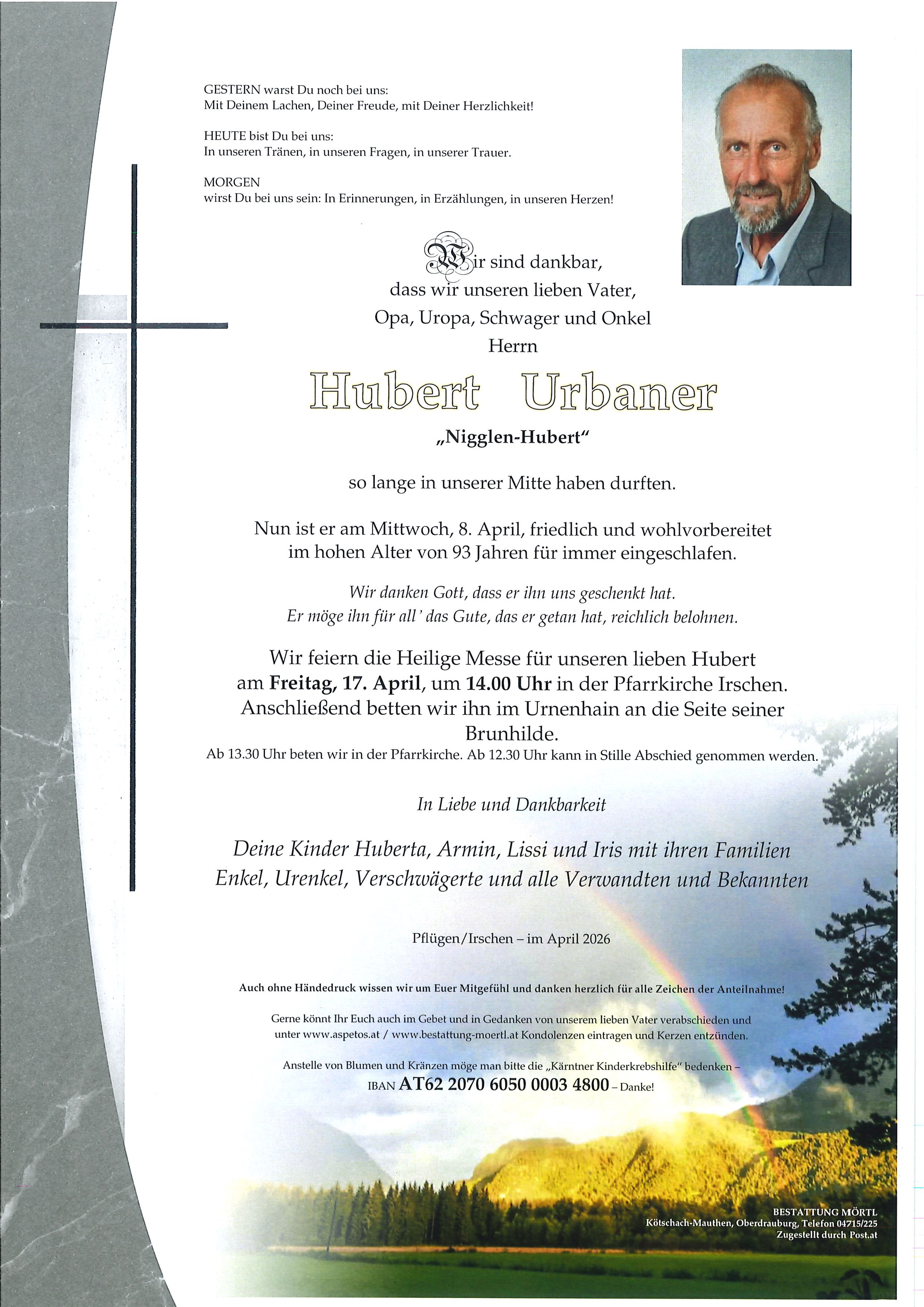 Traueranzeige von Hubert Urbaner