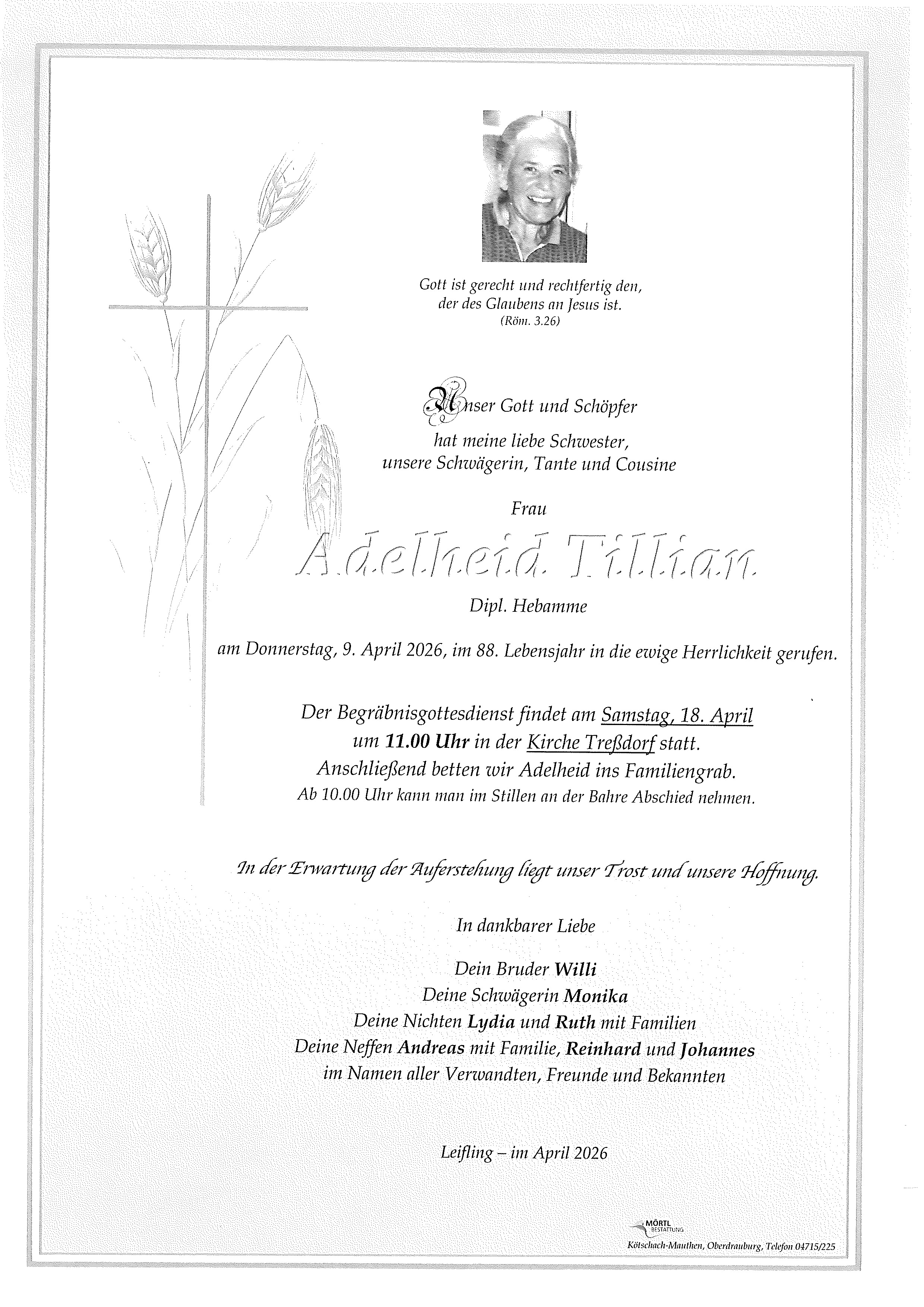 Traueranzeige von Adelheid Tillian
