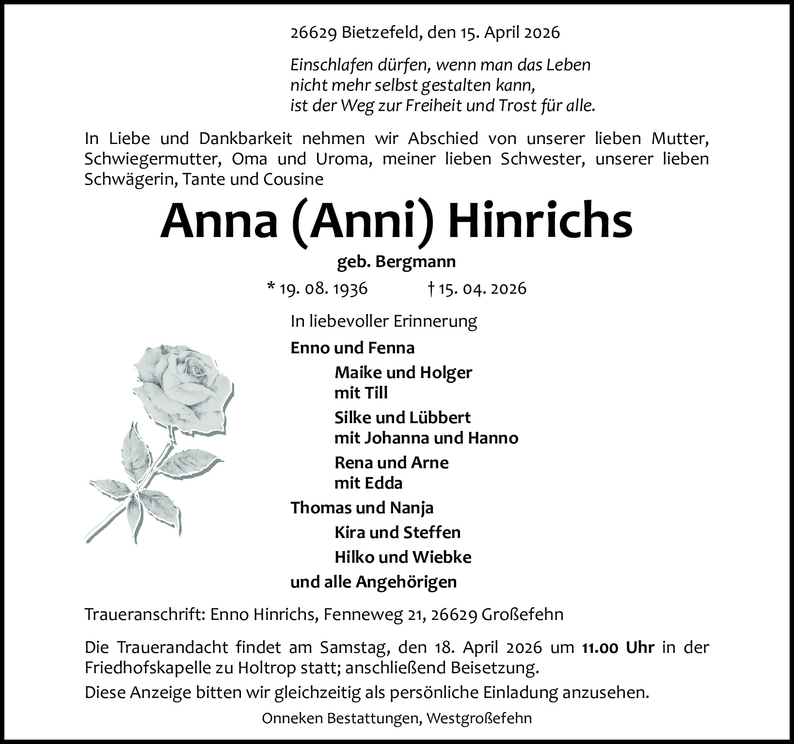 Traueranzeige von Anna Hinrichs