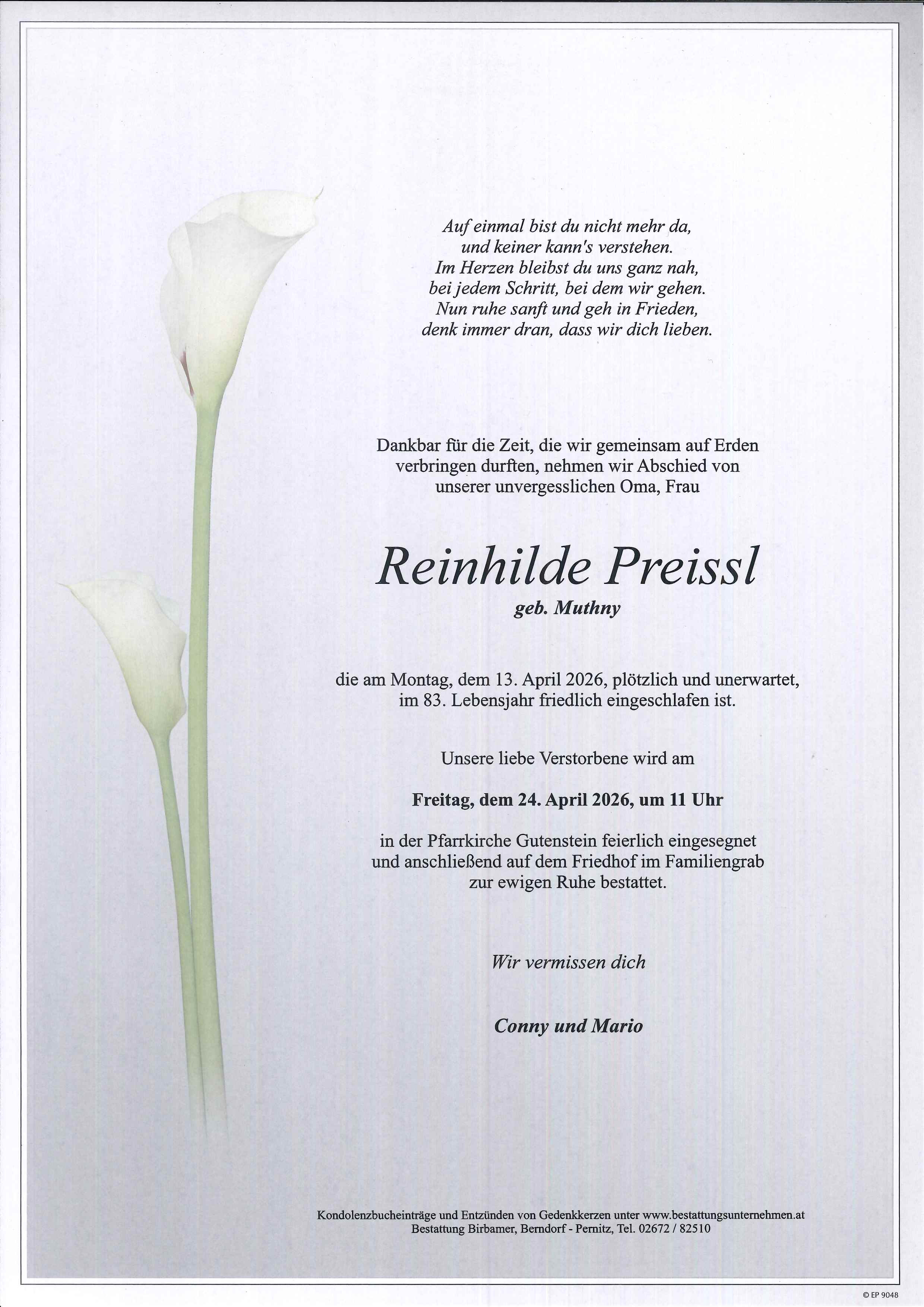 Traueranzeige von Reinhilde Preissl