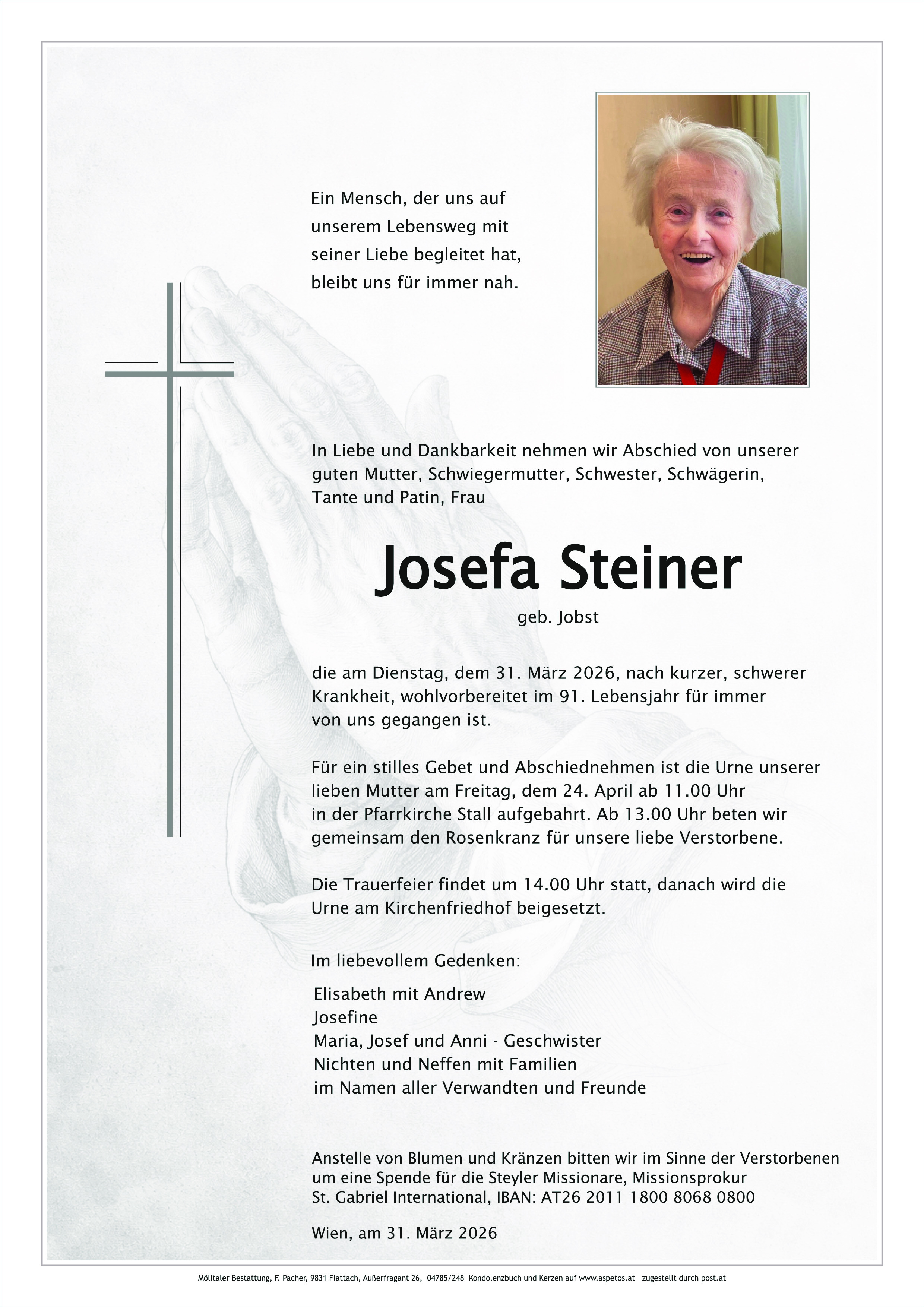Traueranzeige von Josefa Steiner