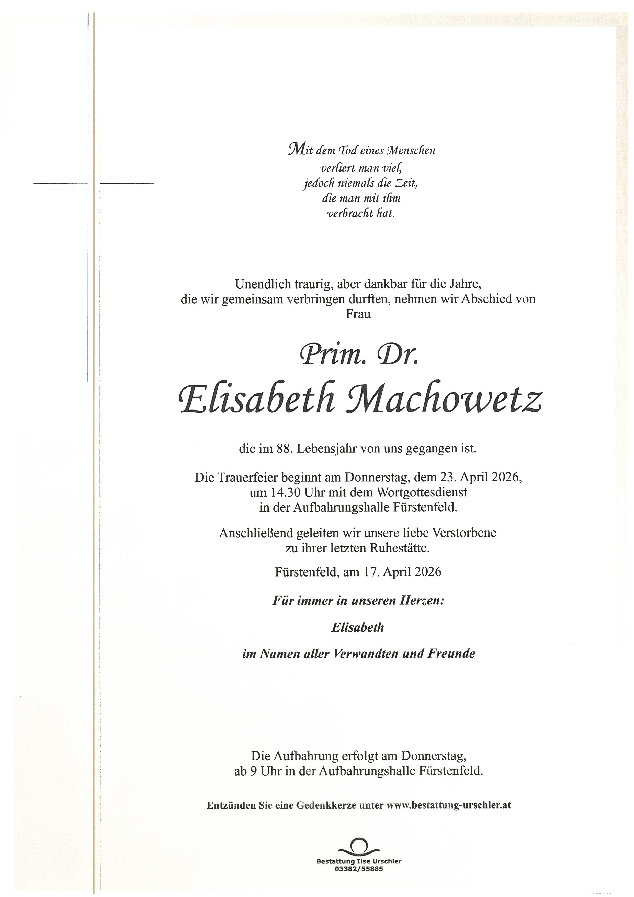 Traueranzeige von Prim. Dr. Elisabeth Machowetz