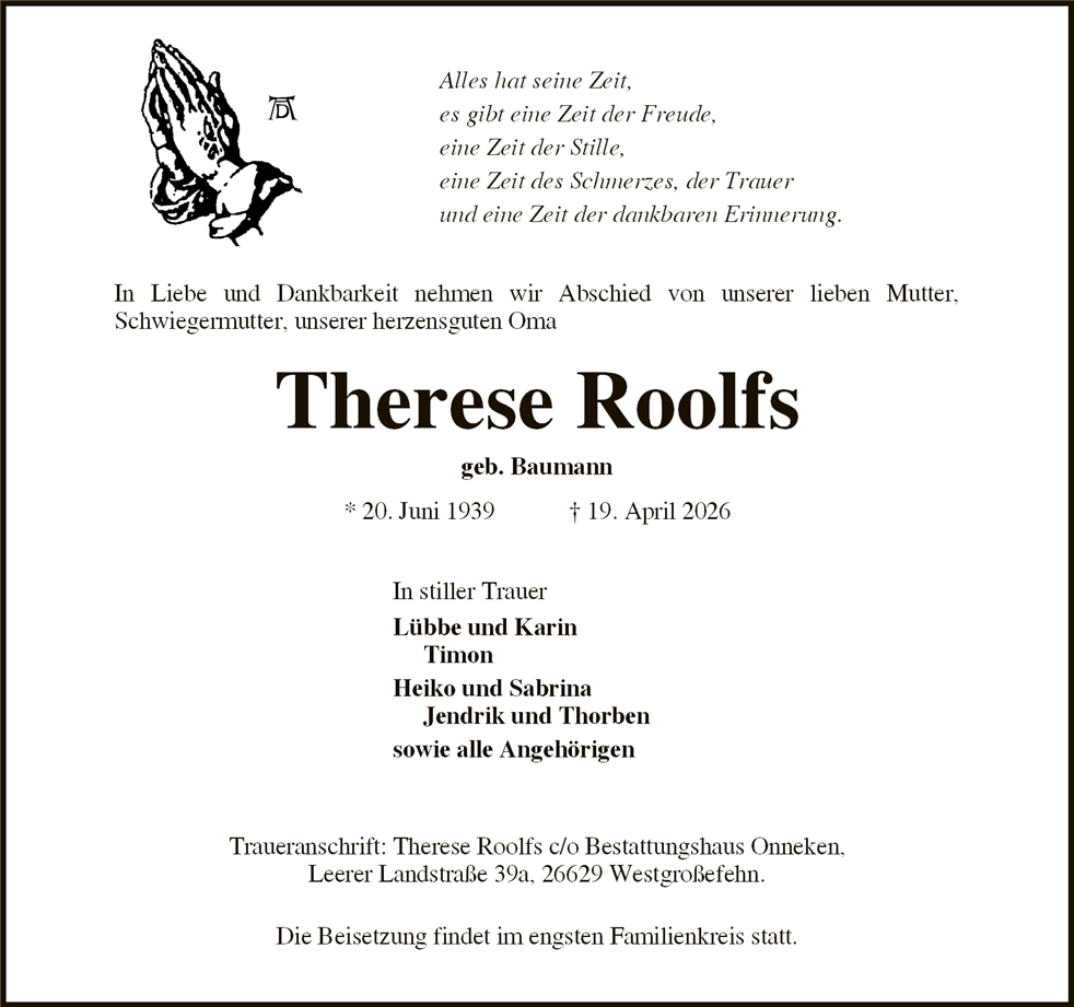 Traueranzeige von Therese Roolfs