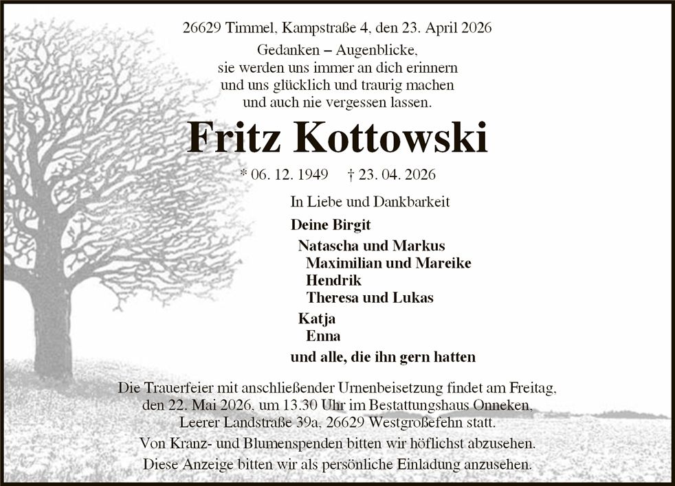Traueranzeige von Fritz Kottowski