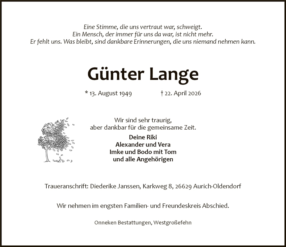 Traueranzeige von Günter Lange