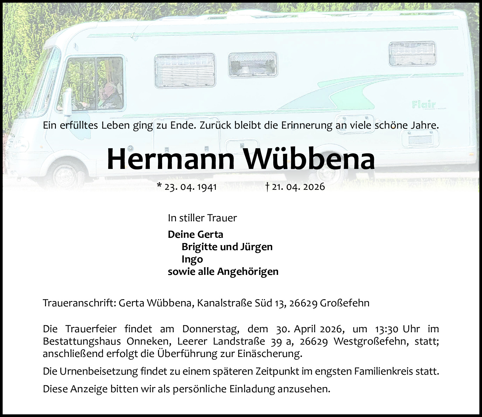 Traueranzeige von Hermann Wübbena