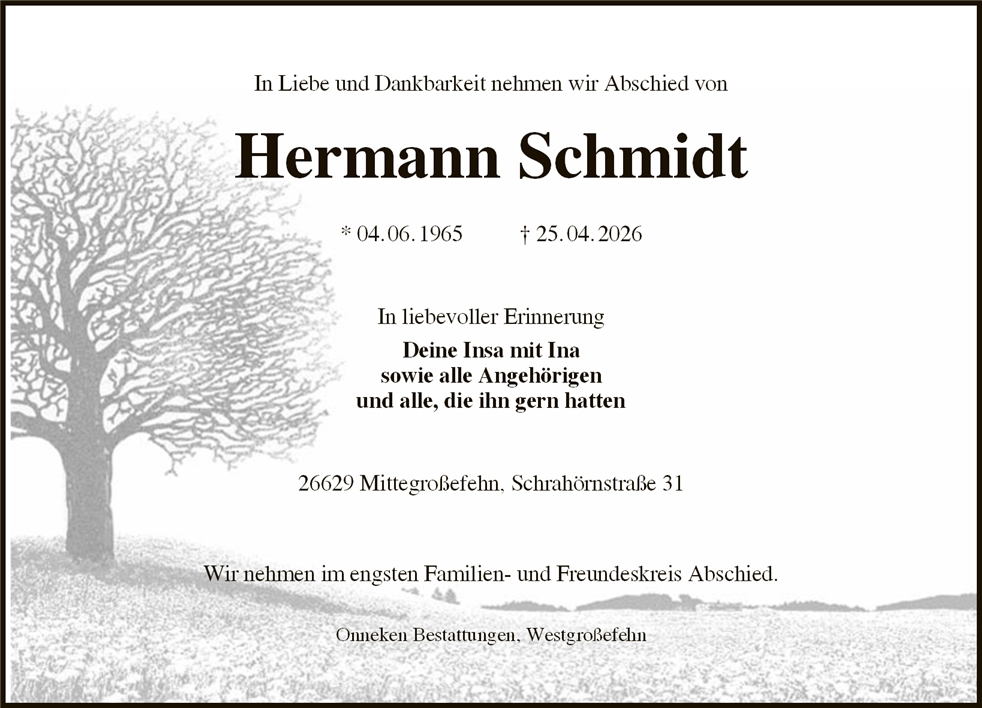 Traueranzeige von Hermann Schmidt