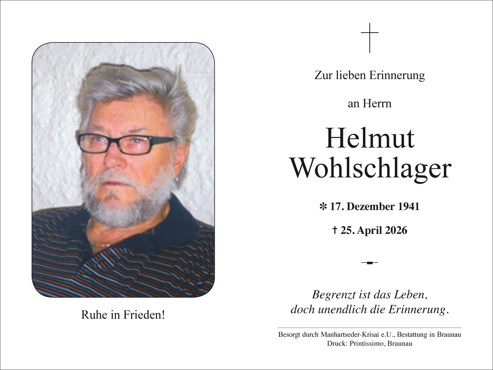 Traueranzeige von Helmut Wohlschlager