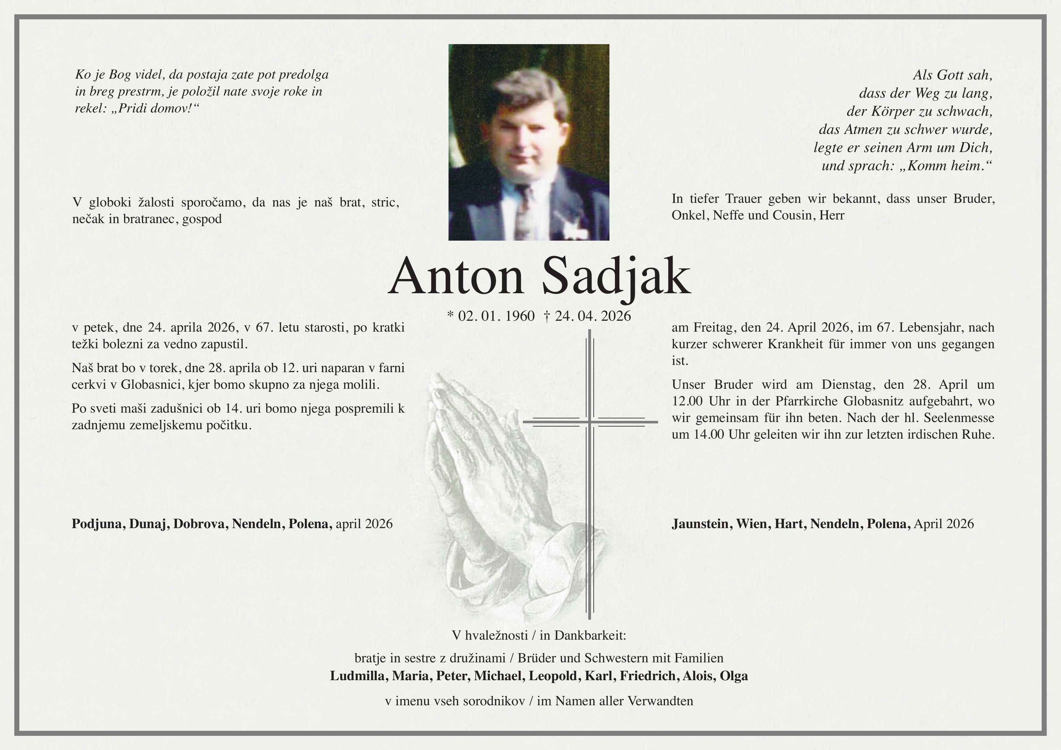 Traueranzeige von Anton Sadjak