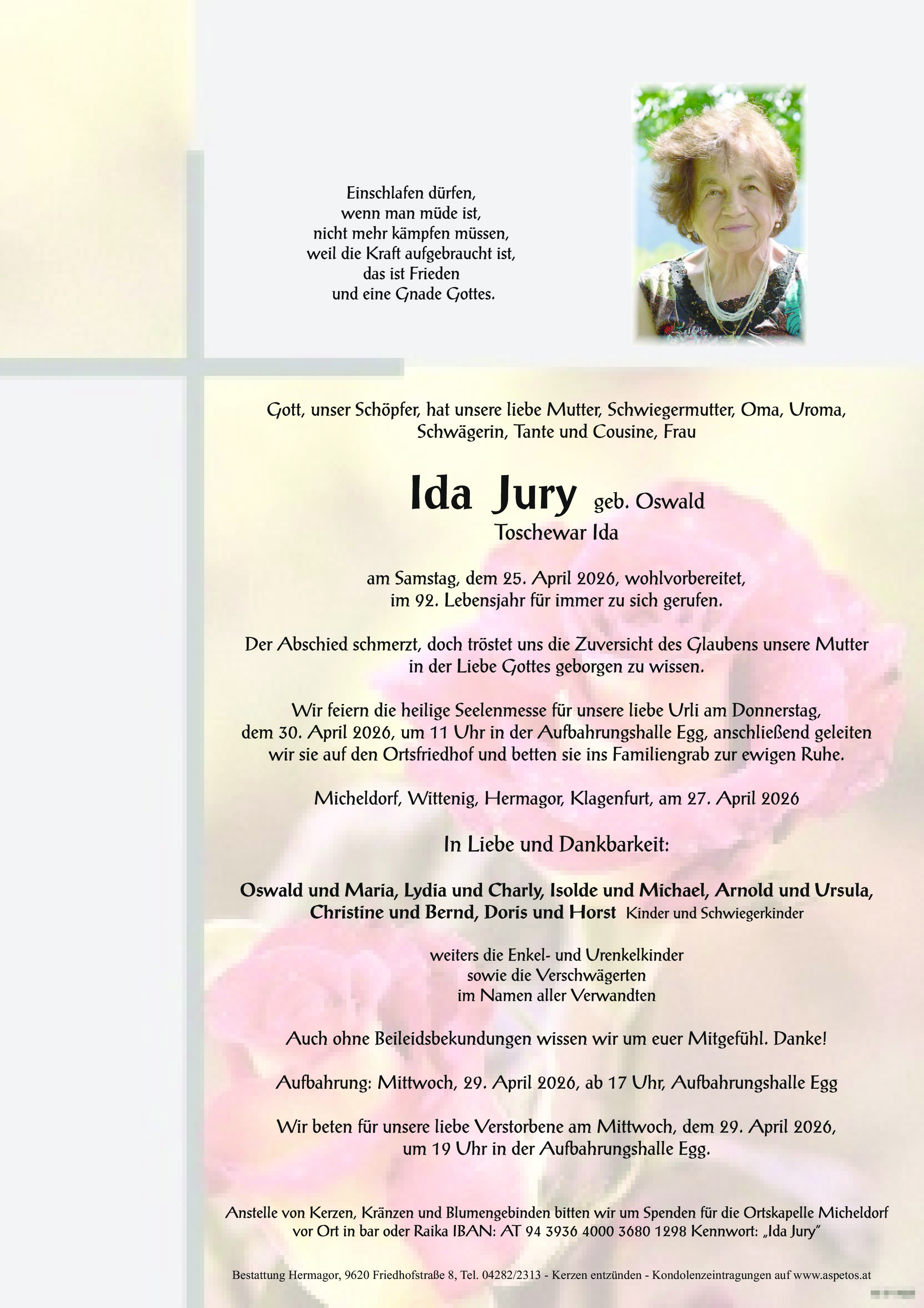 Traueranzeige von Ida Jury