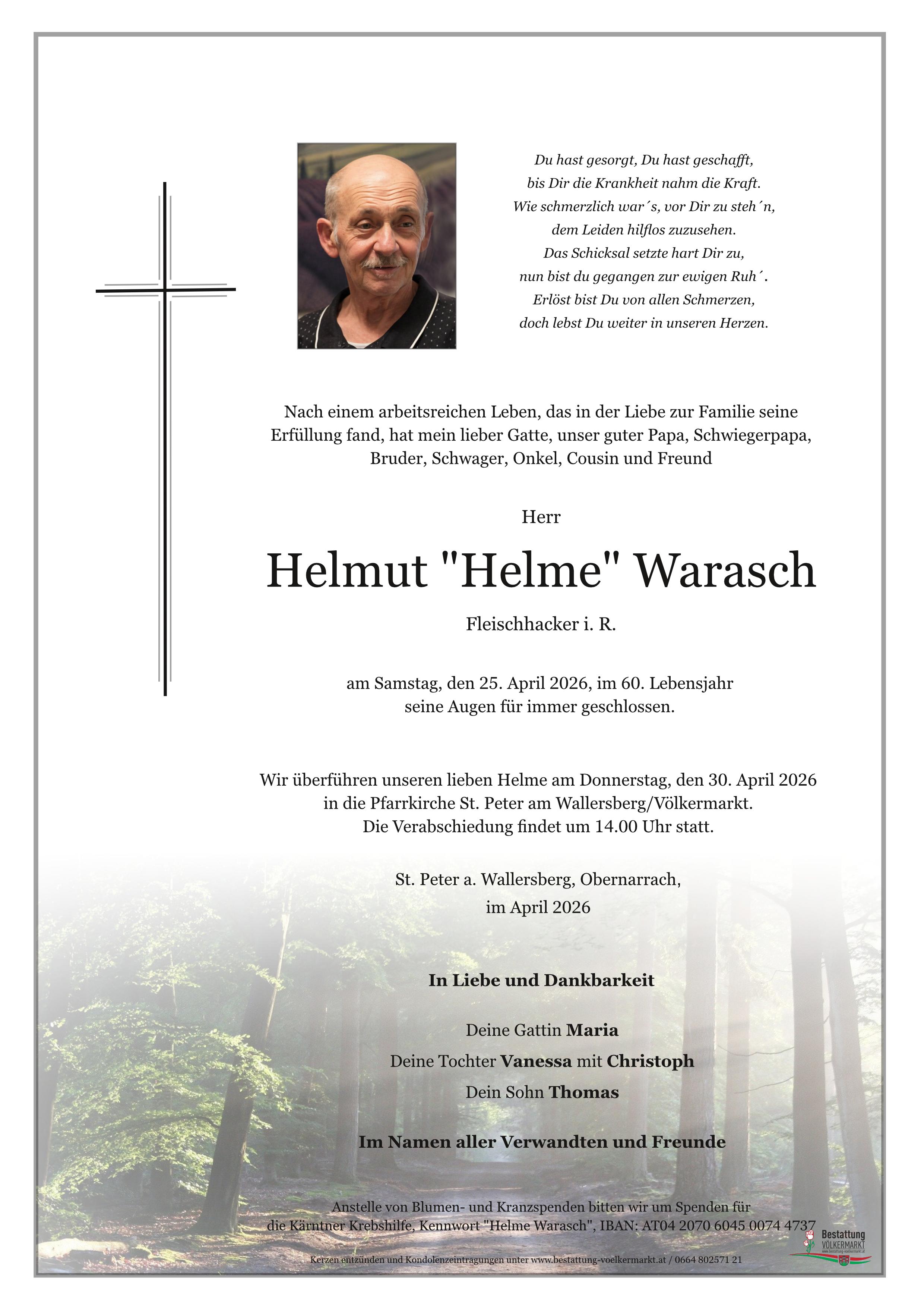 Traueranzeige von Helmut "Helme" Warasch
