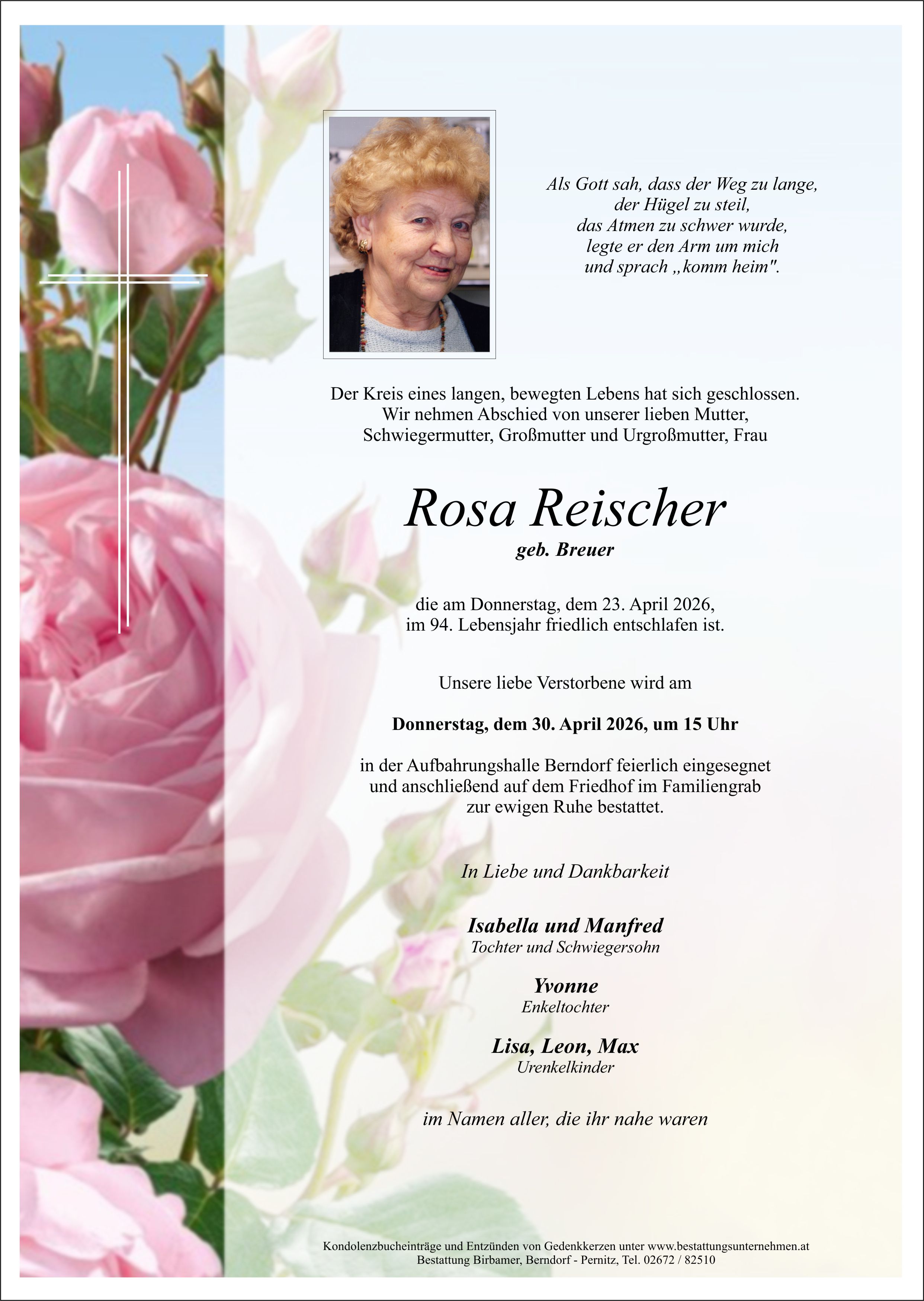 Traueranzeige von Rosa Reischer