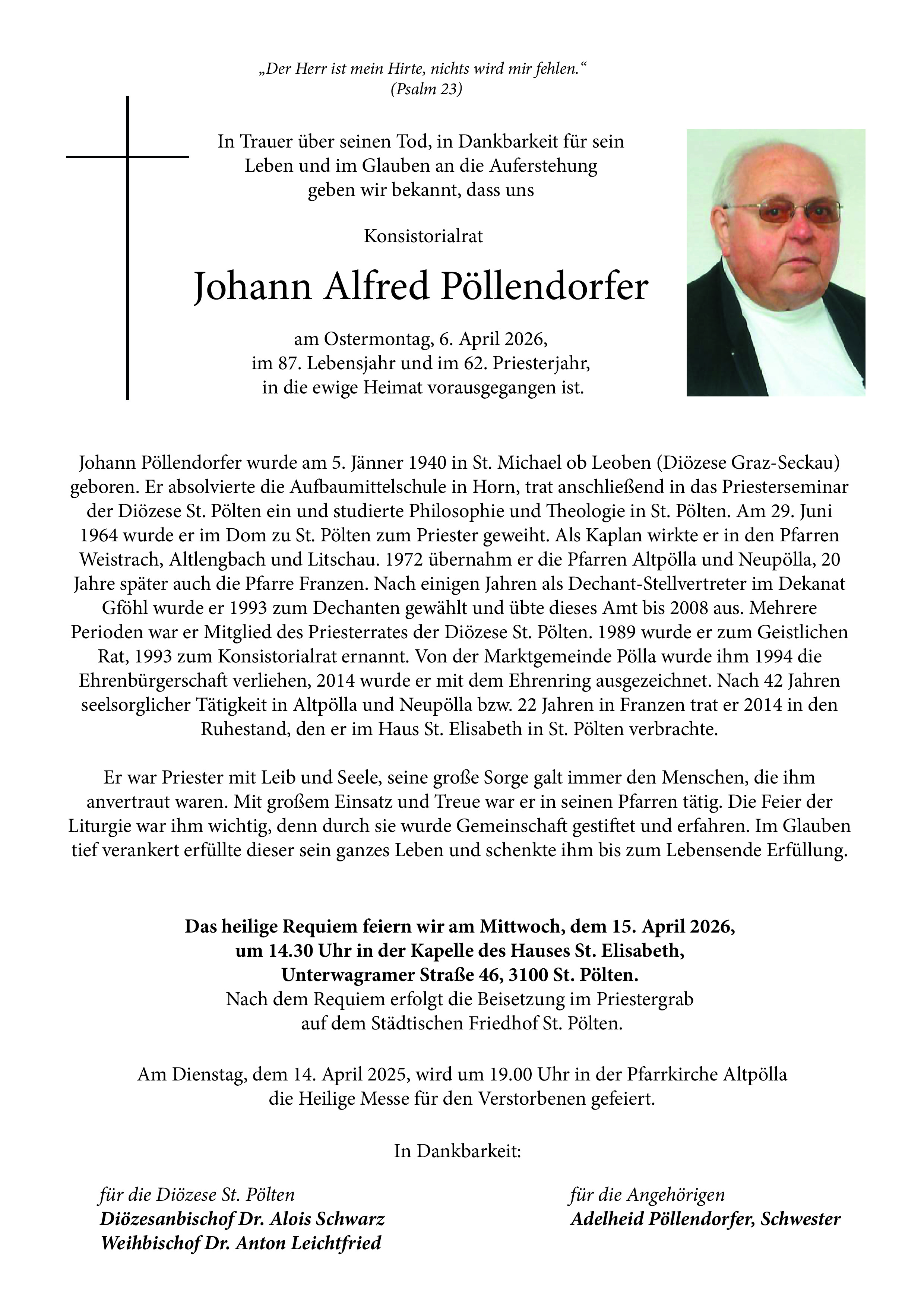 Traueranzeige von Pfarrer Johann Pöllendorfer