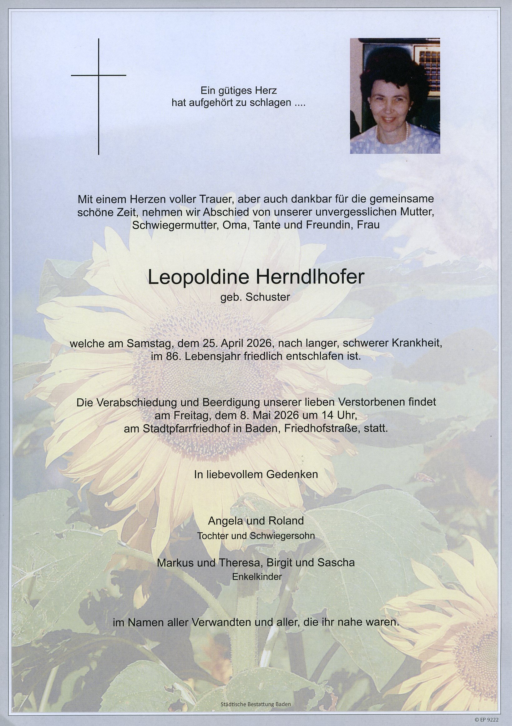 Traueranzeige von Leopoldine Herndlhofer