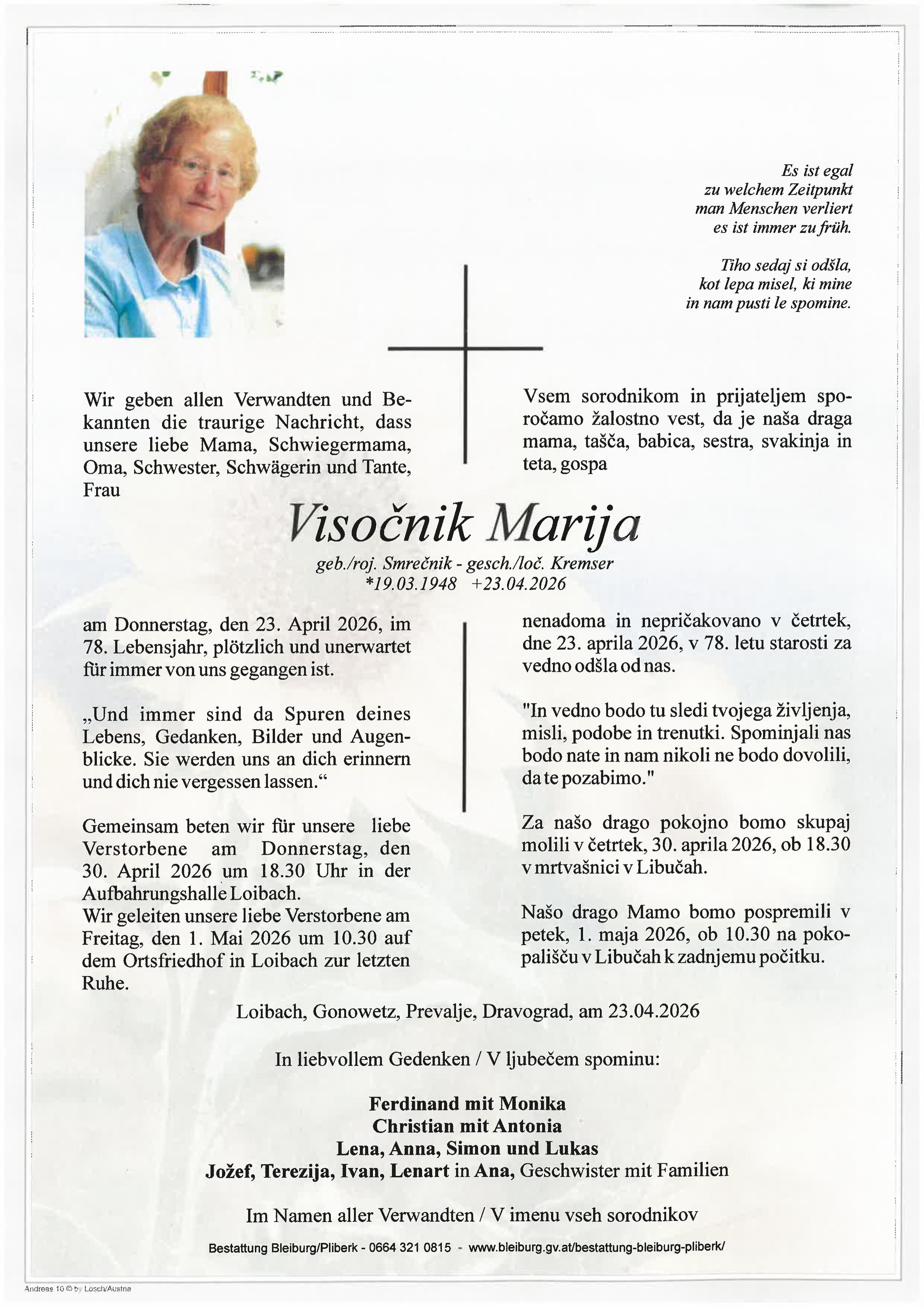 Traueranzeige von Marija Visočnik