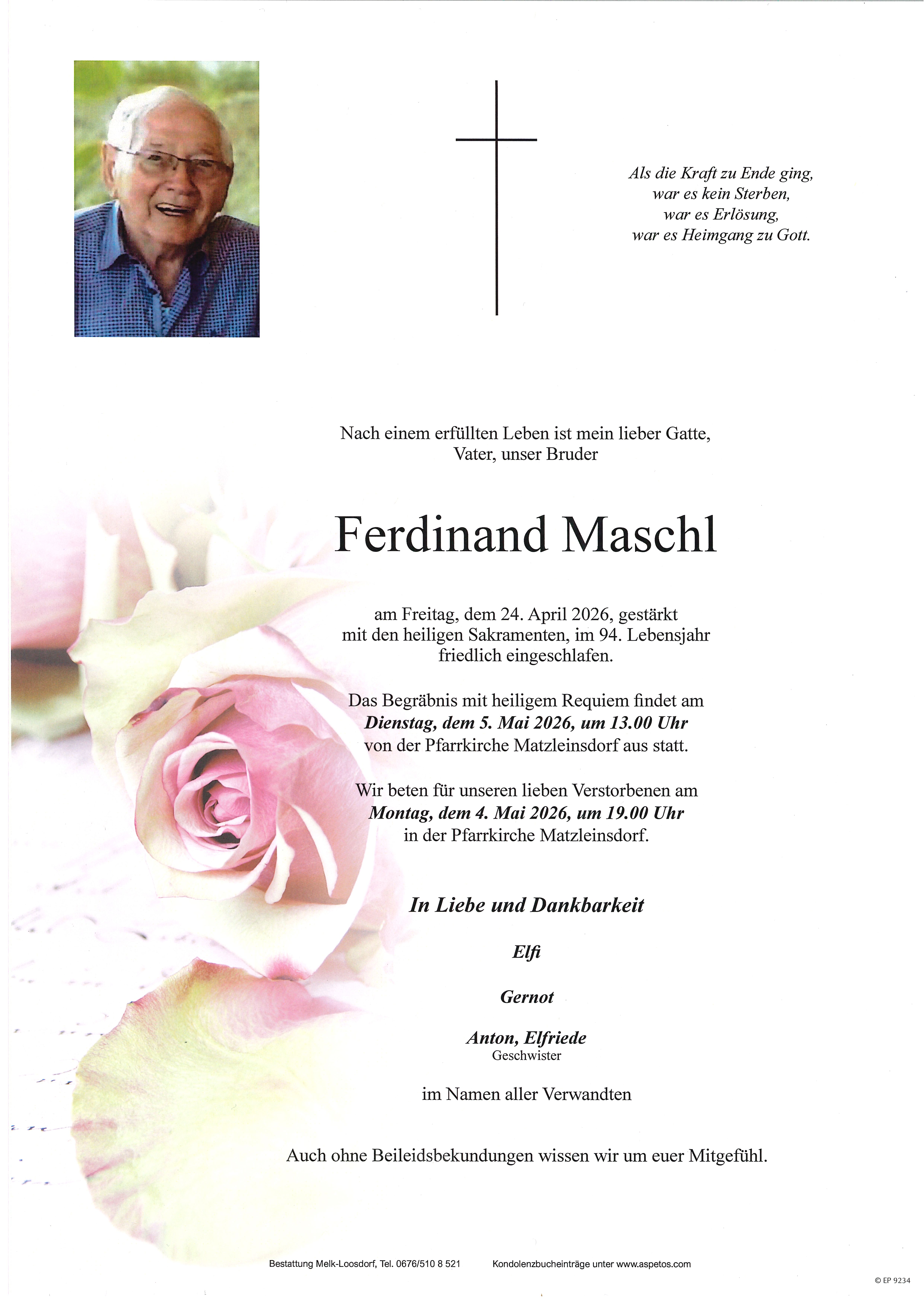 Traueranzeige von Ferdinand Maschl
