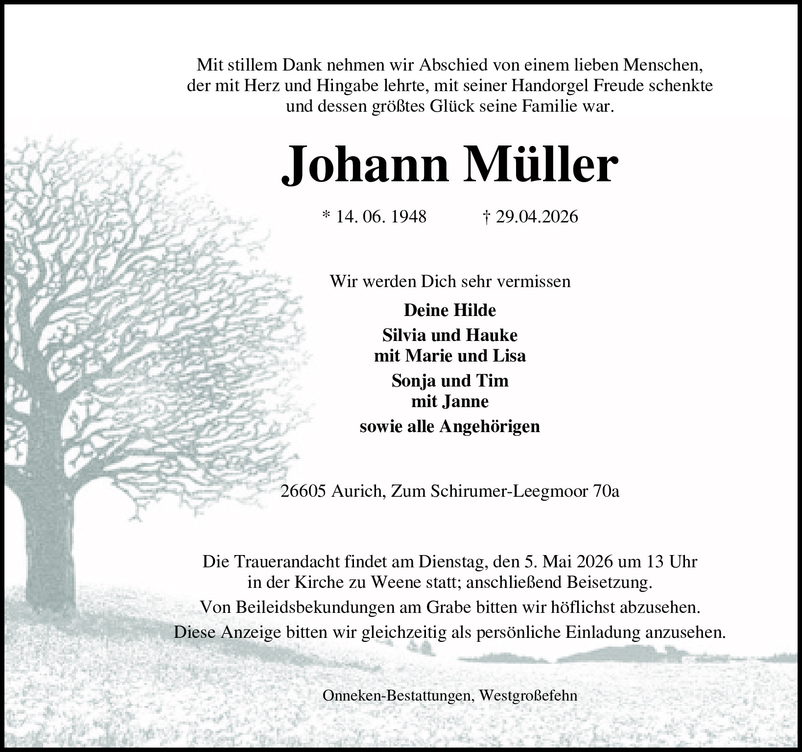 Traueranzeige von Johann Müller