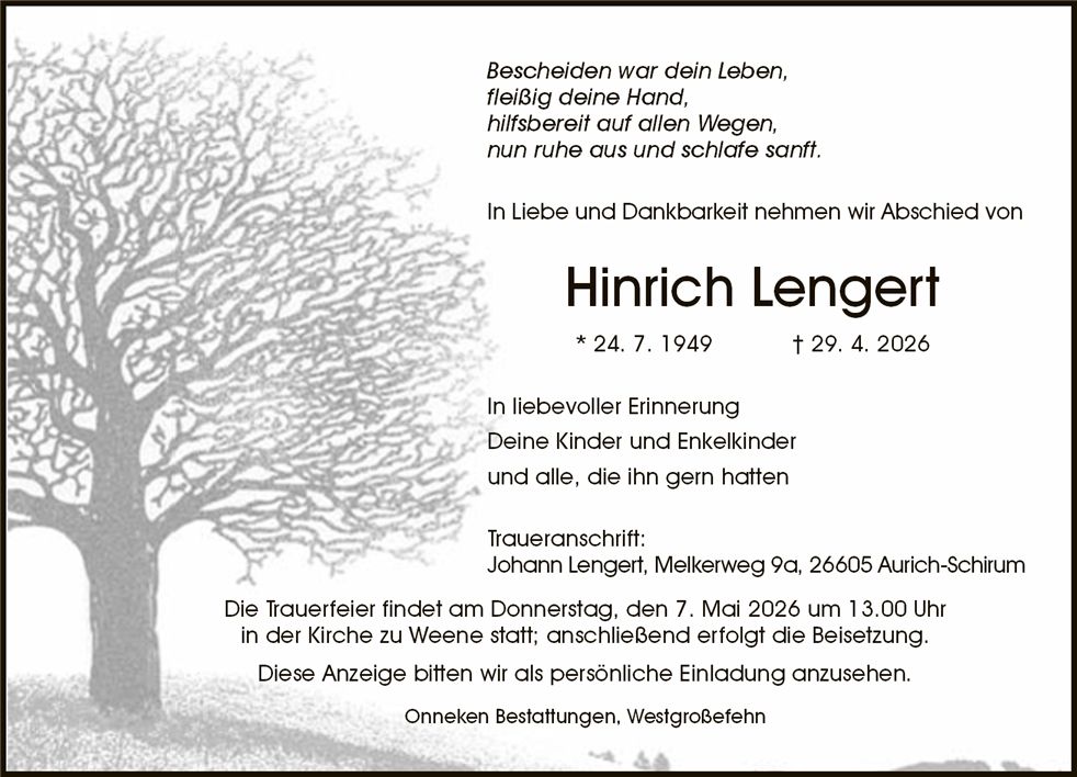 Traueranzeige von Hinrich Lengert