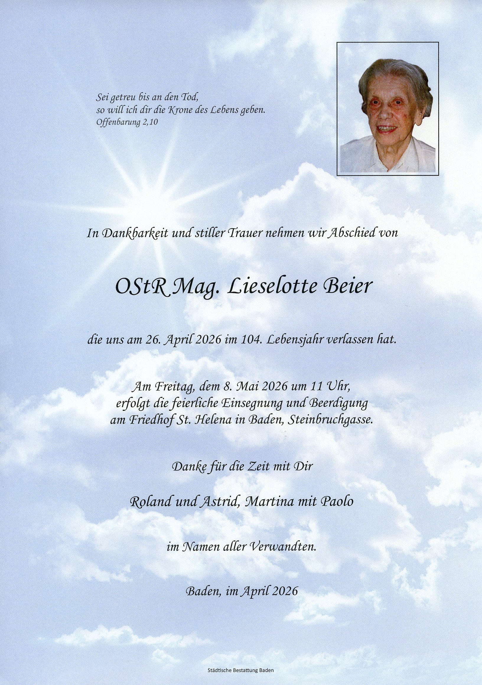 Traueranzeige von OStR Mag. Lieselotte Beier