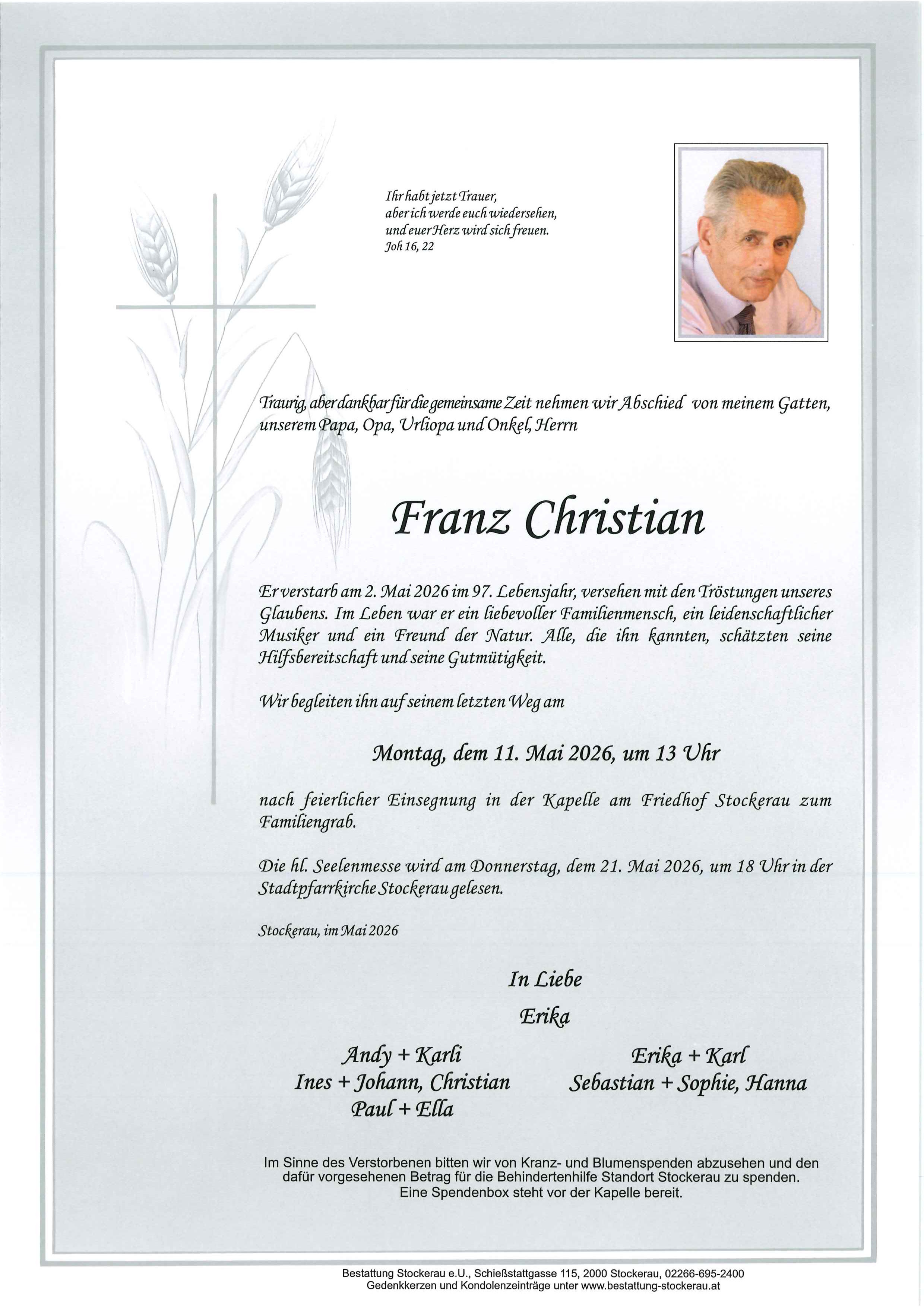 Traueranzeige von Franz Christian