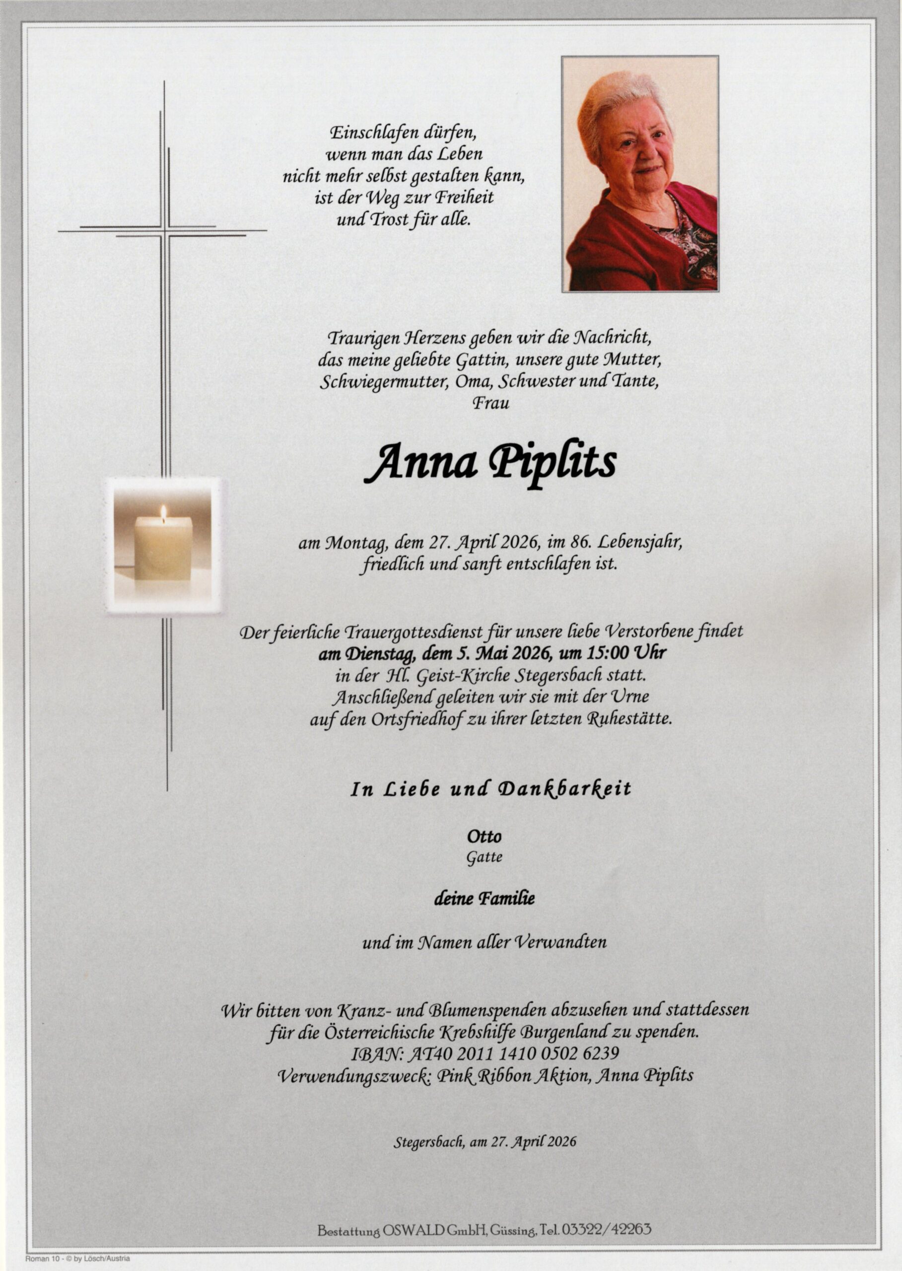 Traueranzeige von Anna Piplits