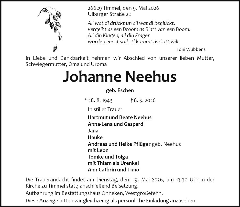 Traueranzeige von Johanne Neehus