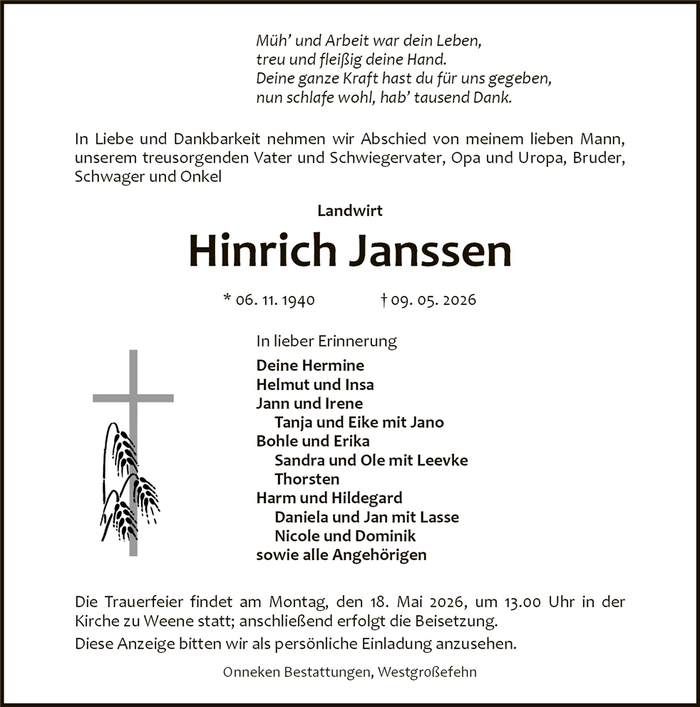 Traueranzeige von Landwirt Hinrich Janssen