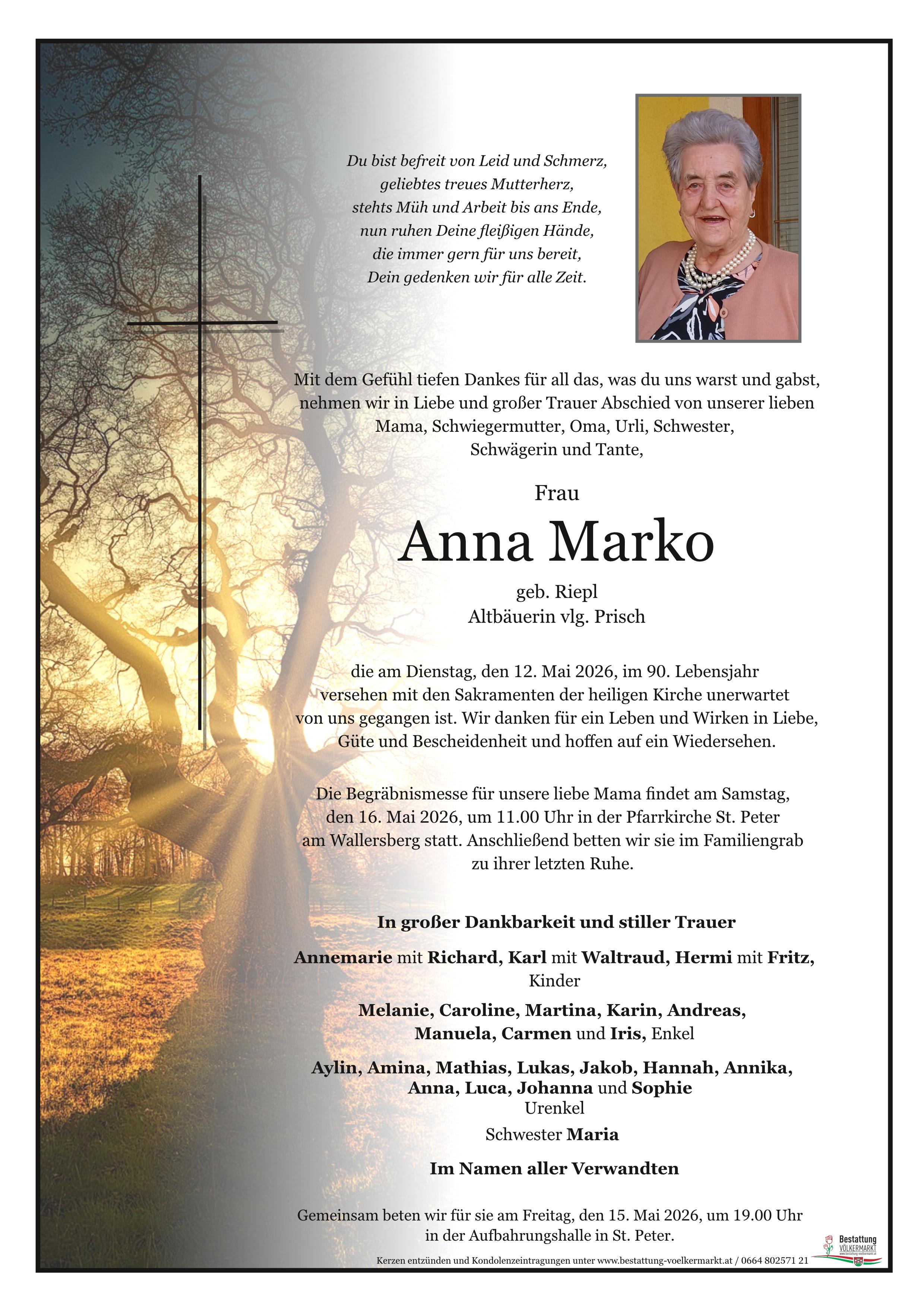 Traueranzeige von Anna Marko