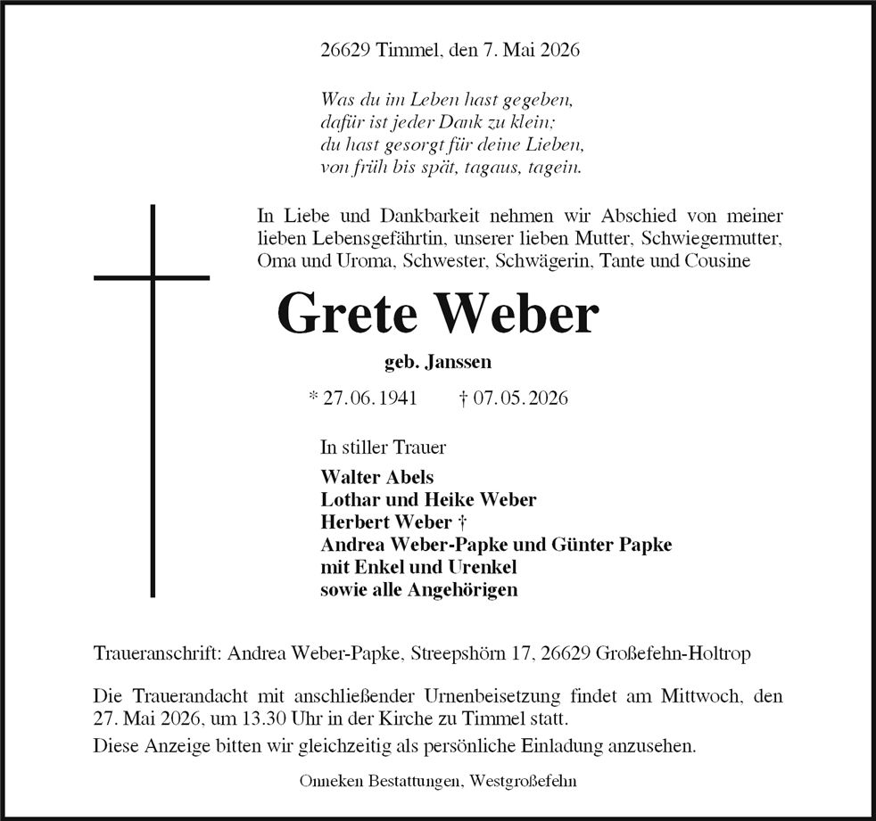 Traueranzeige von Grete Weber