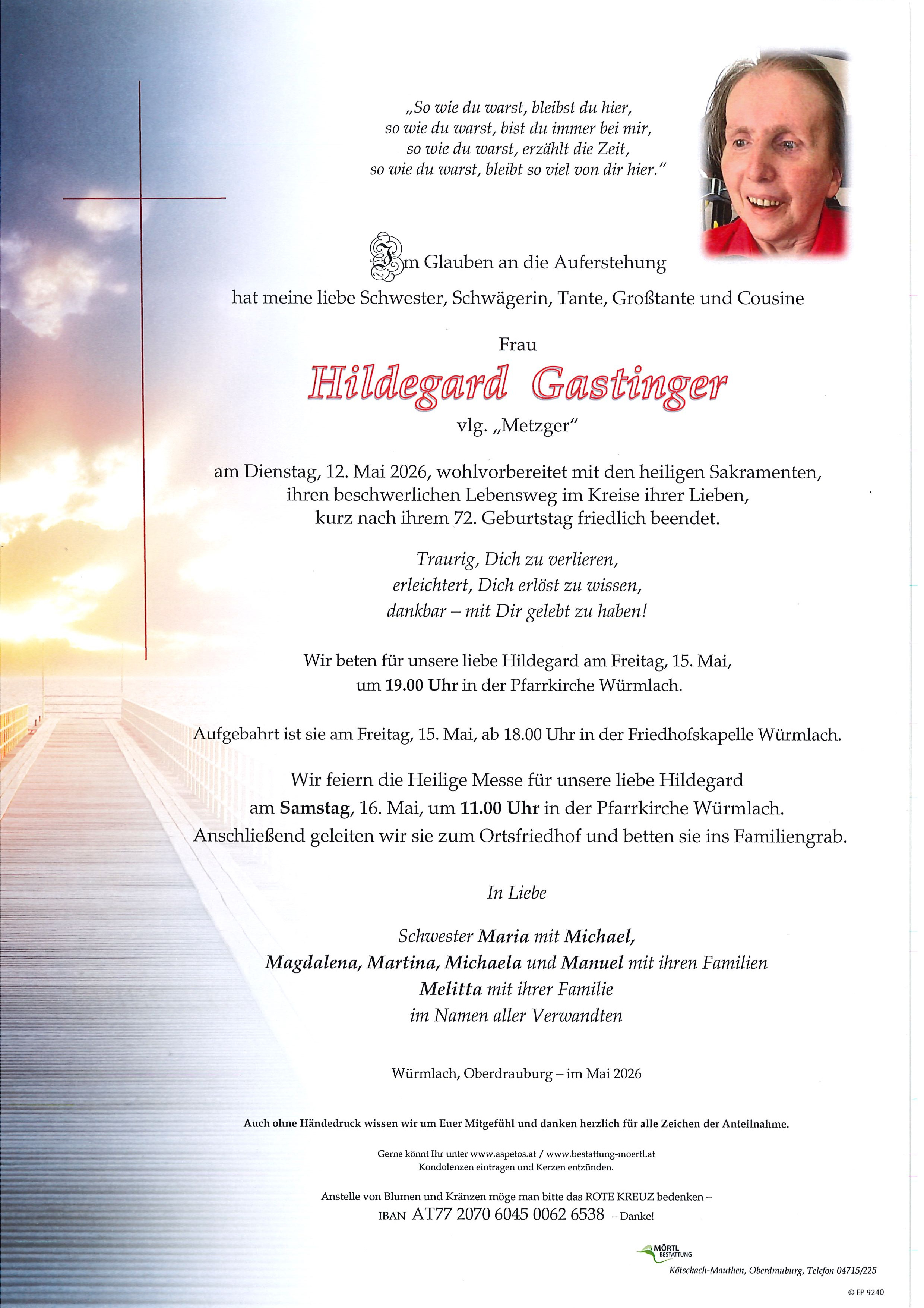 Traueranzeige von Hildegard Gastinger