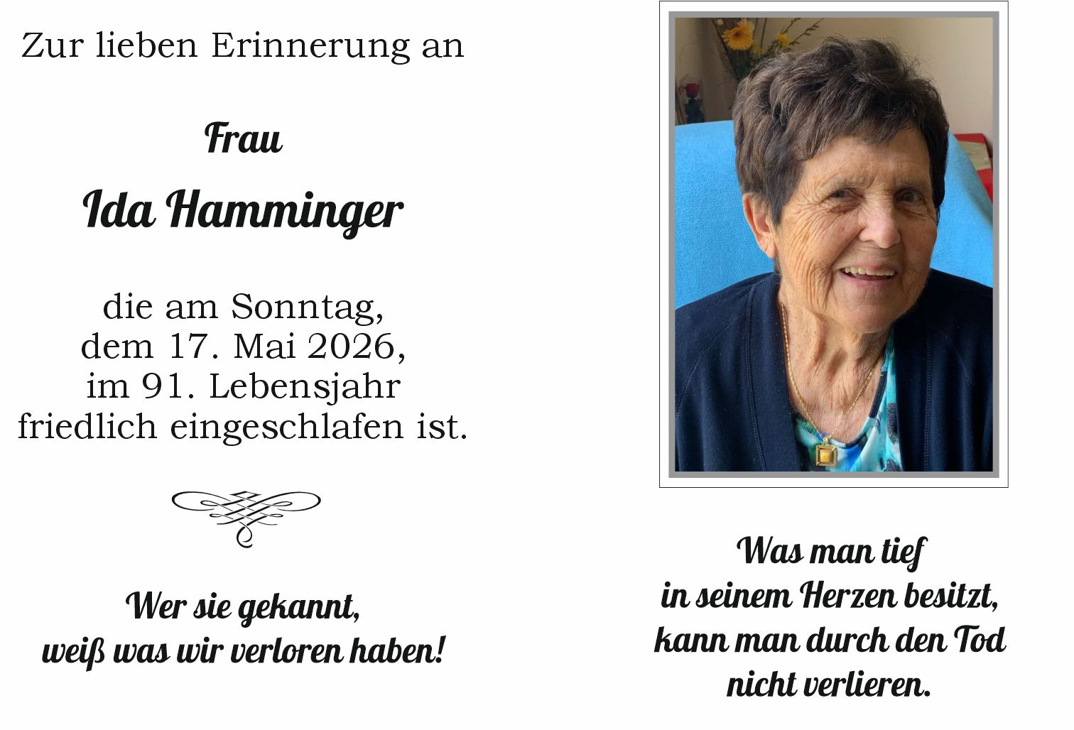 Traueranzeige von Ida Hamminger