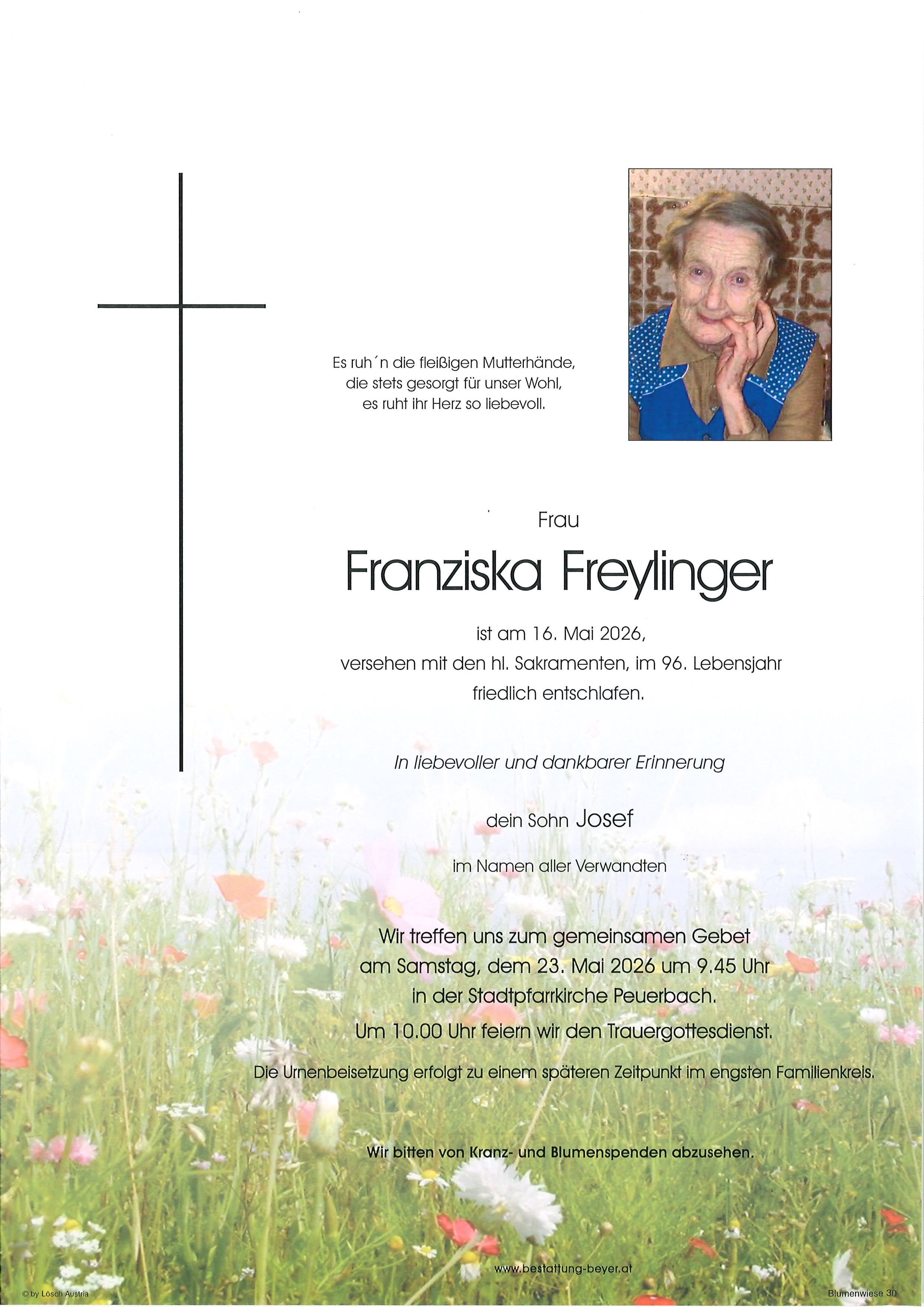 Traueranzeige von Franziska Freylinger
