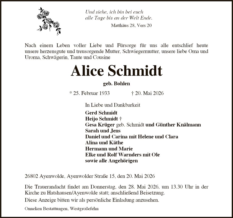 Traueranzeige von Alice Schmidt