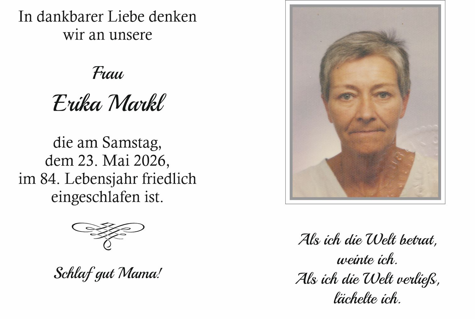 Traueranzeige von Erika Markl