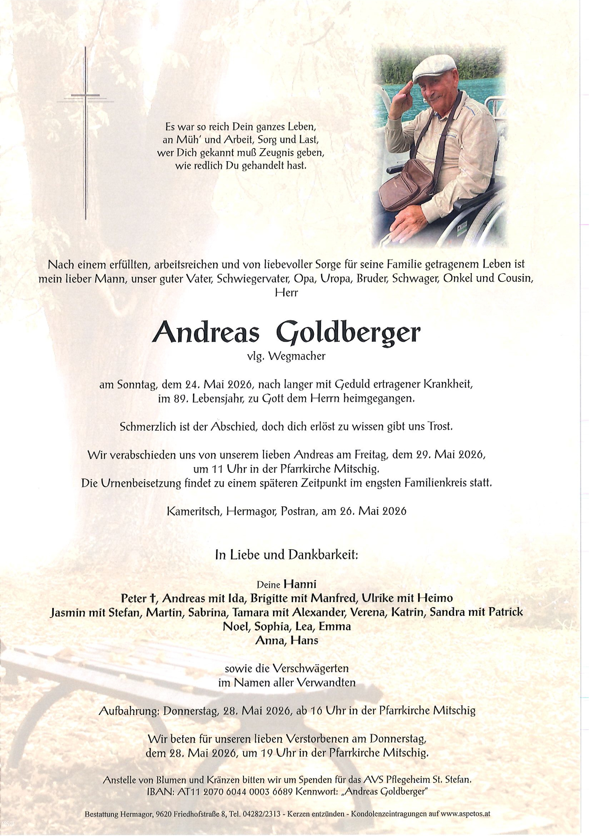 Traueranzeige von Andreas Goldberger vlg. Wegmacher