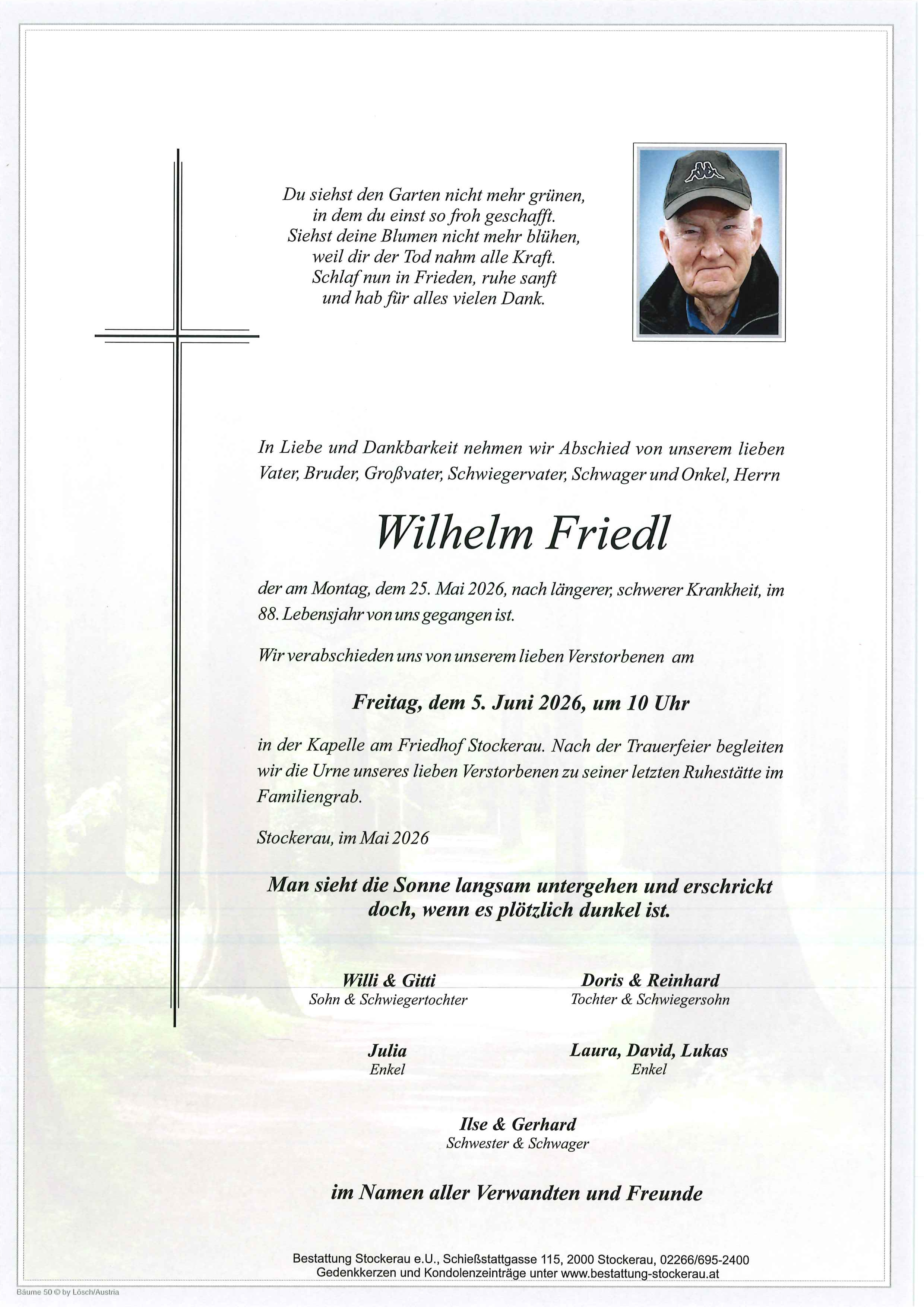 Traueranzeige von Wilhelm Friedl