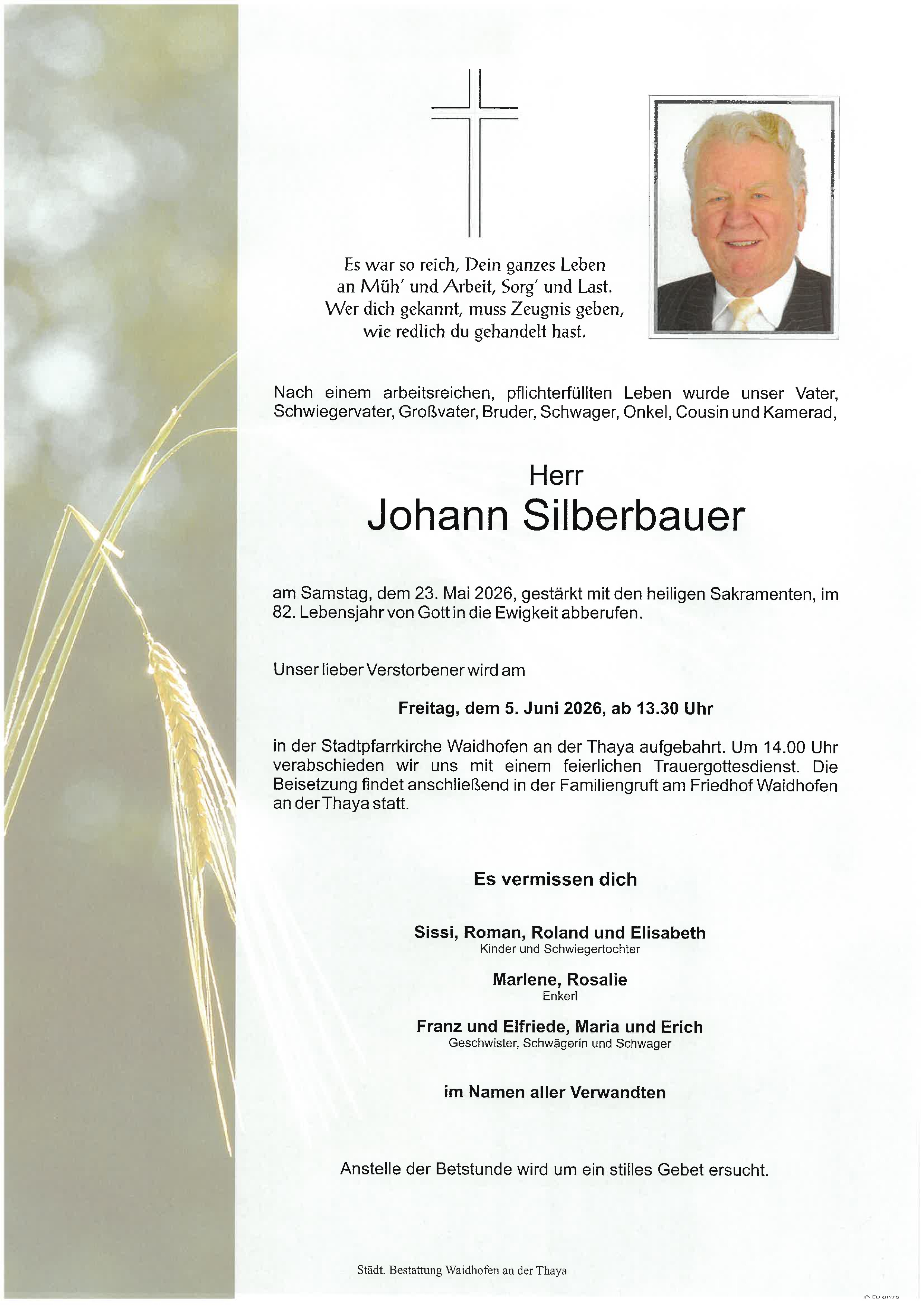 Traueranzeige von Johann Silberbauer