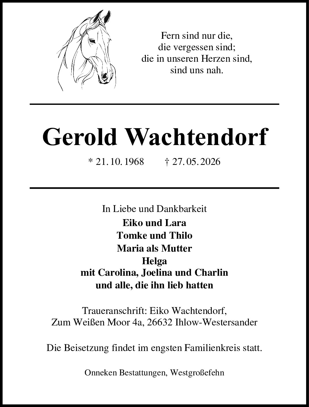 Traueranzeige von Gerold Wachtendorf