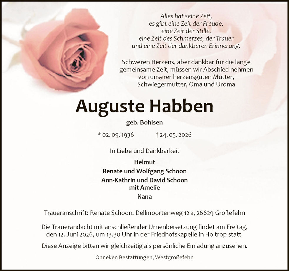 Traueranzeige von Auguste Habben