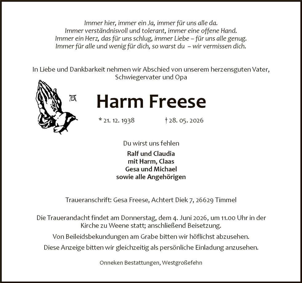 Traueranzeige von Harm Freese