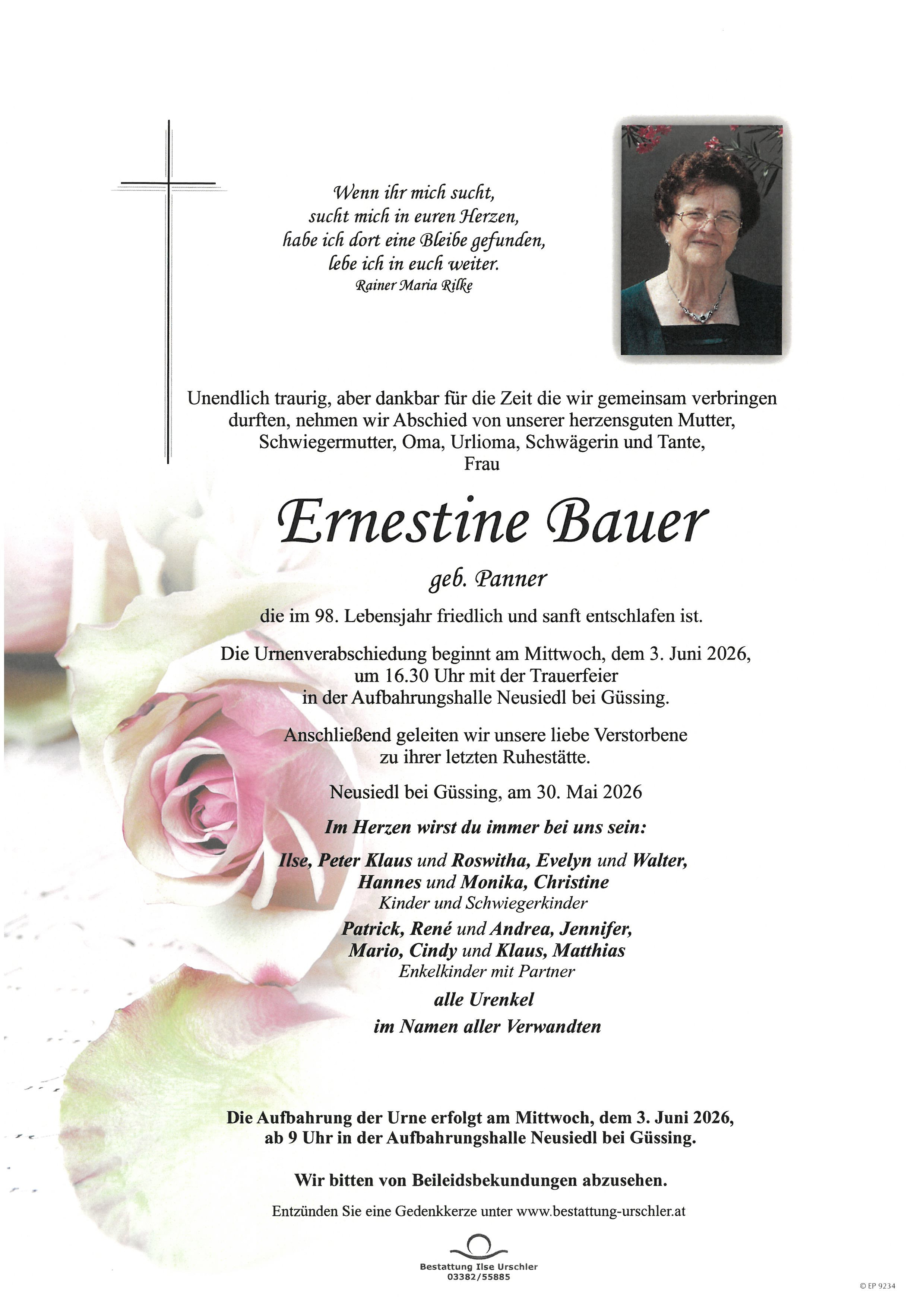 Traueranzeige von Ernestine Bauer