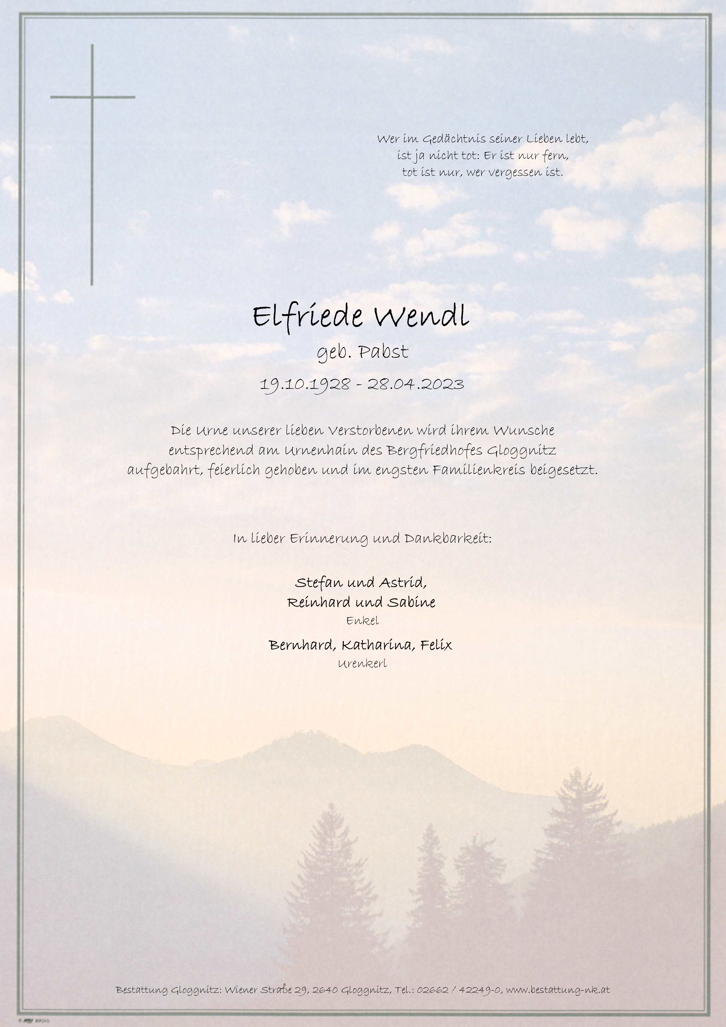 Traueranzeige von Elfriede Wendl