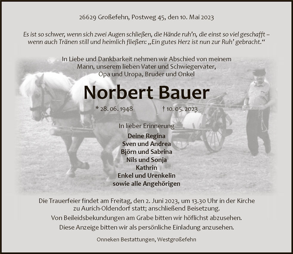 Traueranzeige von Norbert  Bauer