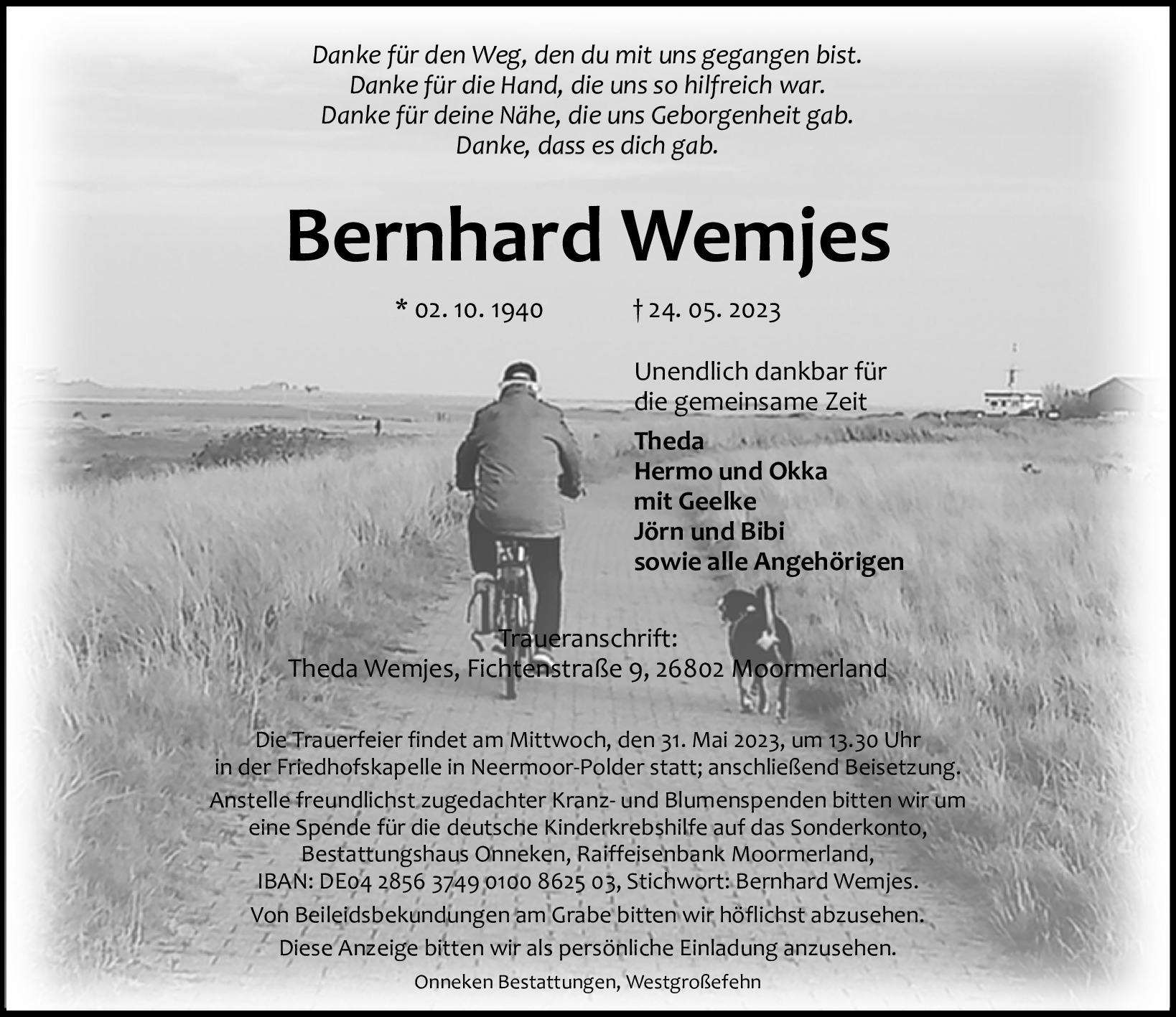Traueranzeige von Bernhard Wemjes