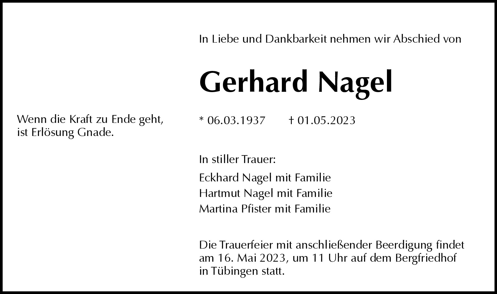 Traueranzeige von Gerhard Nagel