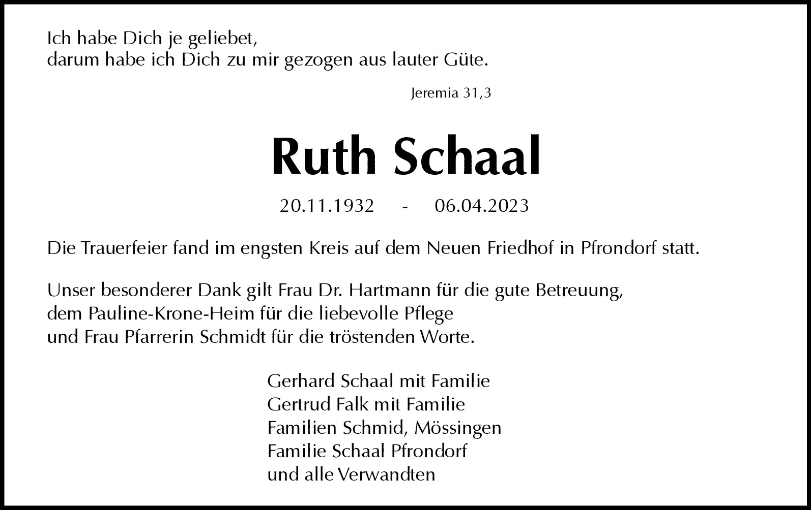 Traueranzeige von Ruth Schaal
