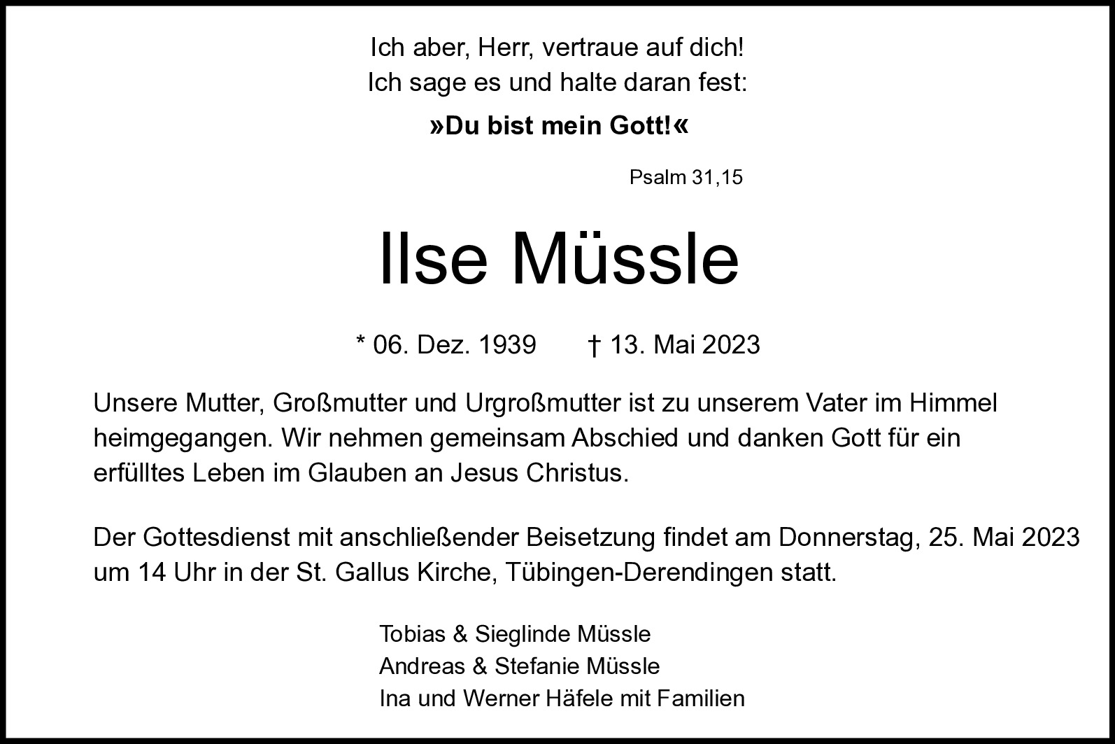 Traueranzeige von Ilse Müssle